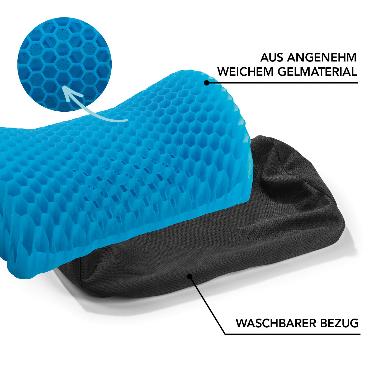 Entspannungskissen mit Wabenstruktur - 27 x 8,5 cm - schwarz aus weichem Gelmaterial mit waschbarem Bezug, passt sich ideal dem Körper an.