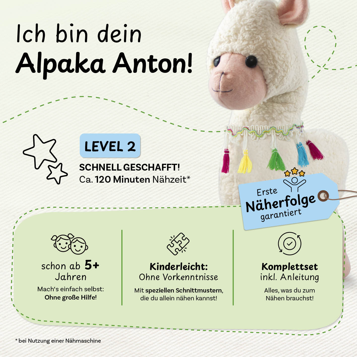 Näh-Baukastenset Motiv Alpaka Anton für Kinder ab 5 Jahren, kinderleicht, Level 2, Komplettset mit Anleitung, erste Näherfolge garantiert