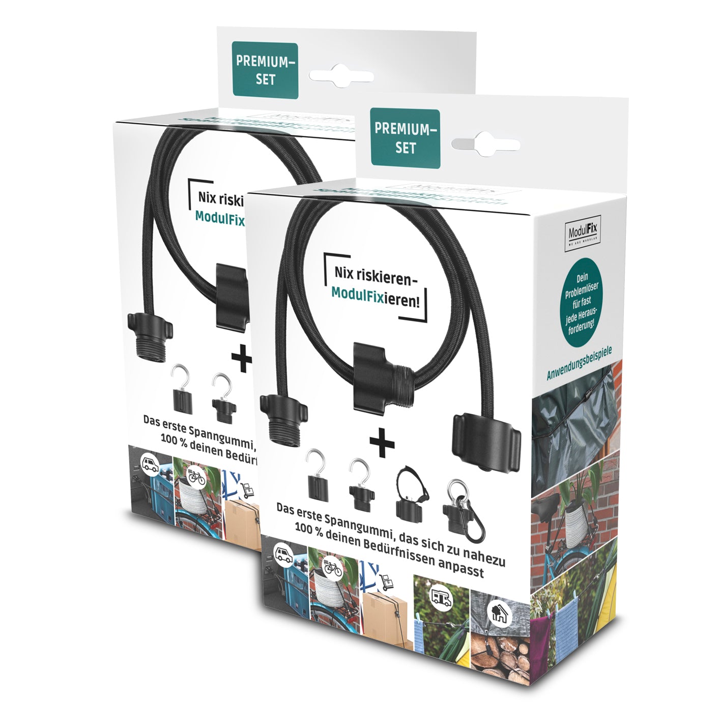 Multifunktionales Spanngummi-System - Premium-Set - 2er-Set mit individuell einstellbarer Länge und verschiedenen Befestigungsoptionen.