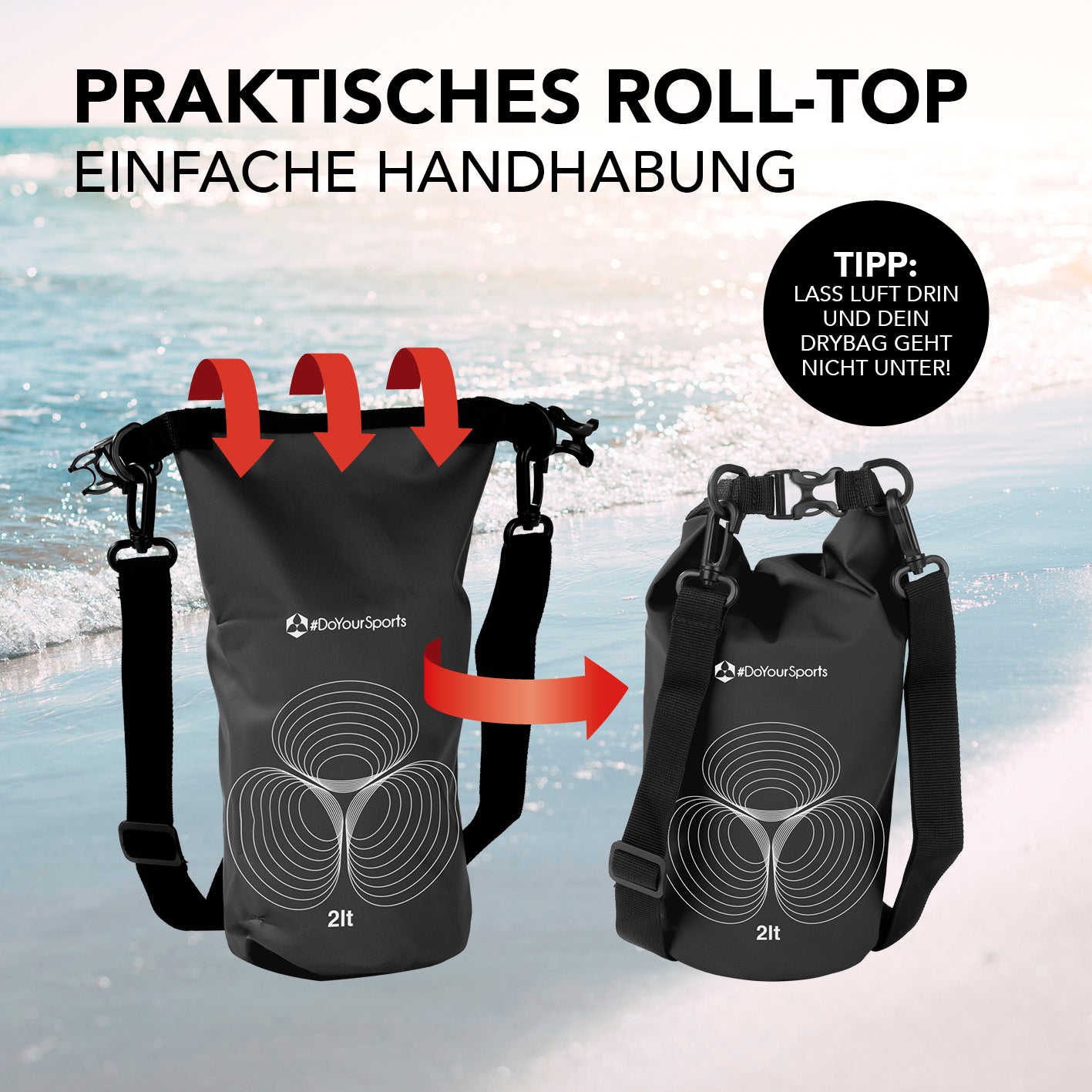 Dry Bag 2L - Schwarz mit wasserdichtem Rolltop-Verschluss, verstellbarem Schultergurt und robustem Material für Outdoor-Abenteuer.