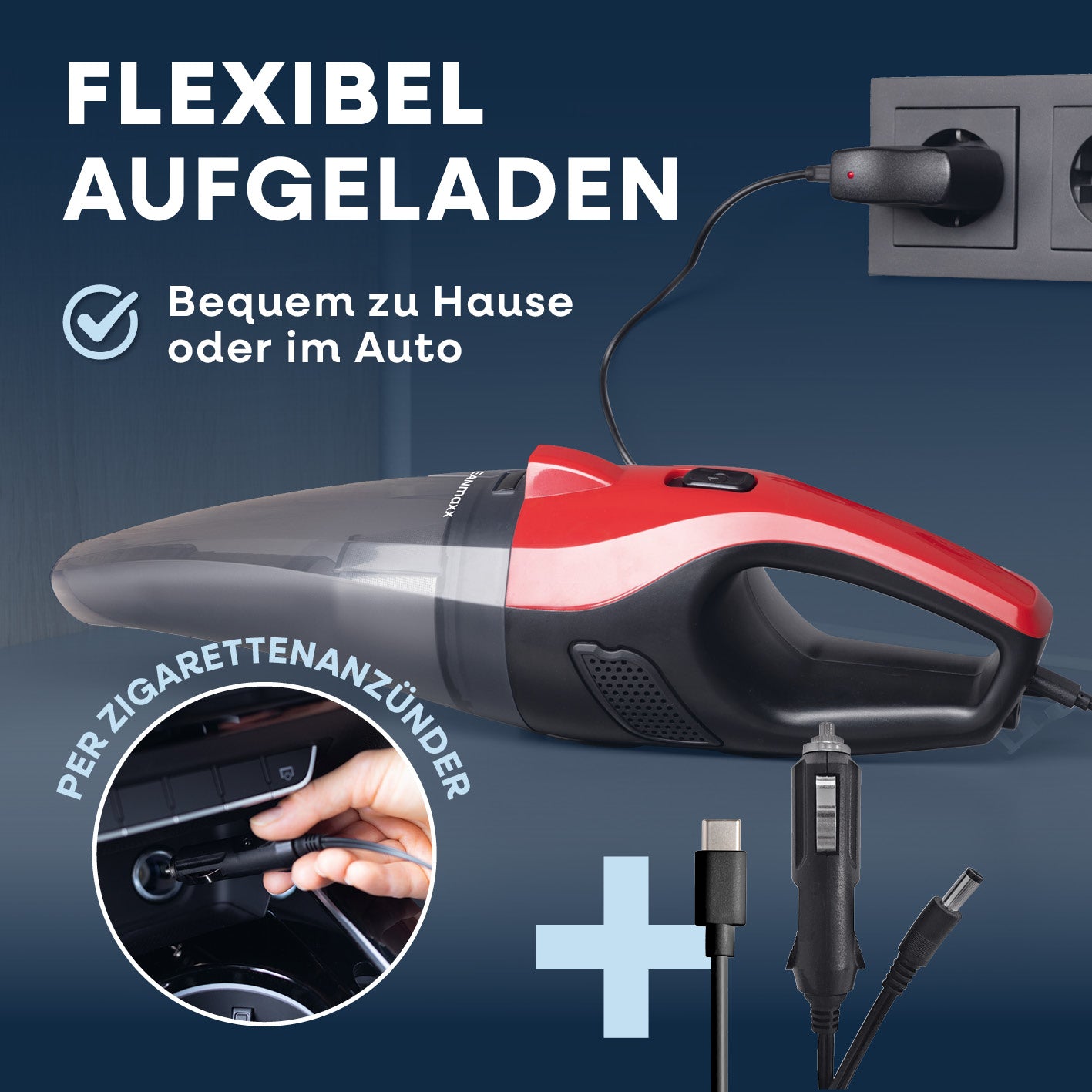 Akku-Handstaubsauger mit flexibler USB-Ladung und Zigarettenanzünder-Adapter für kabellosen Einsatz zu Hause und im Auto.