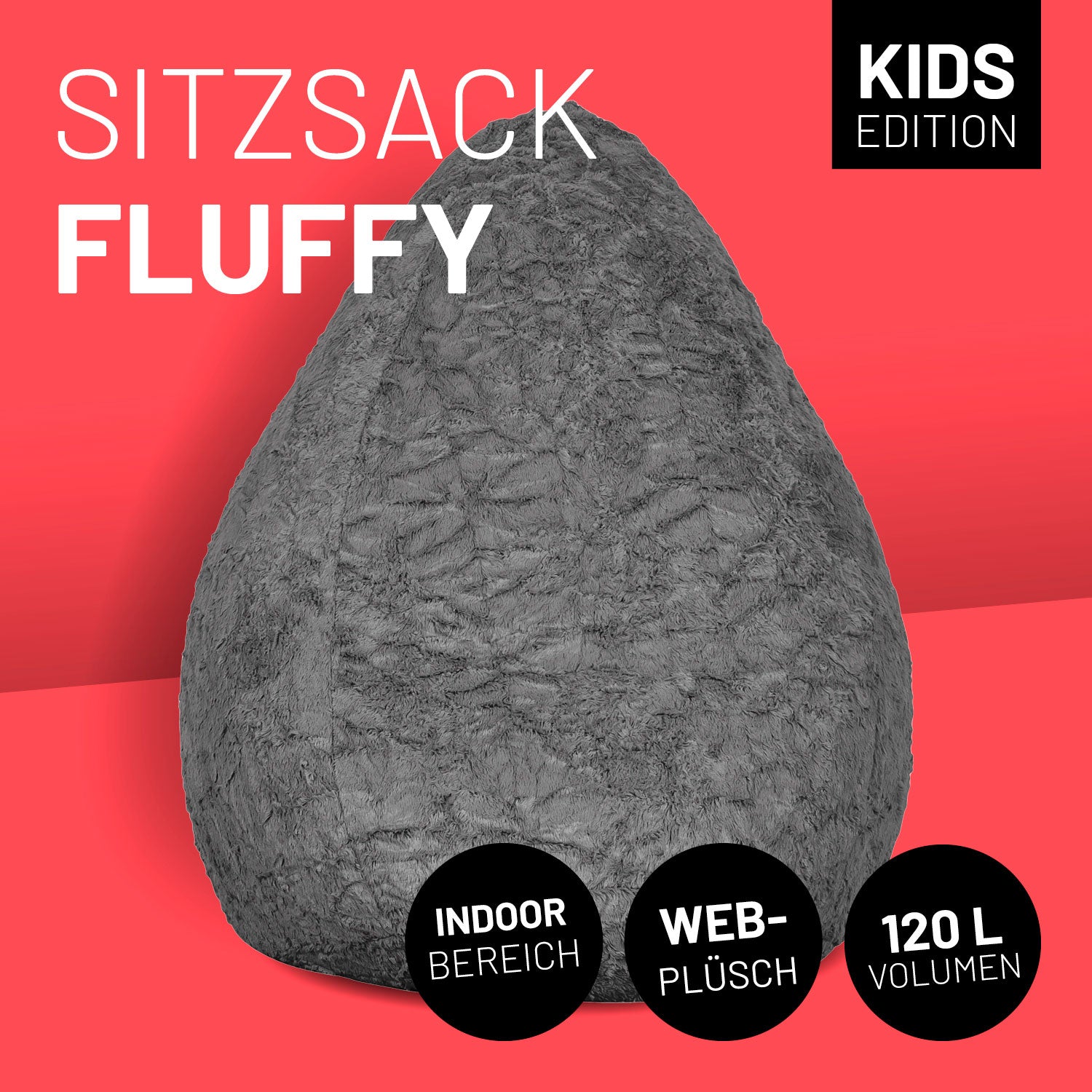 Luxury Fluffy Sitzsack (120 L) Grau aus weichem Webplüsch, ideal für indoor, mit flexibler EPS-Füllung und ergonomischem Komfort.