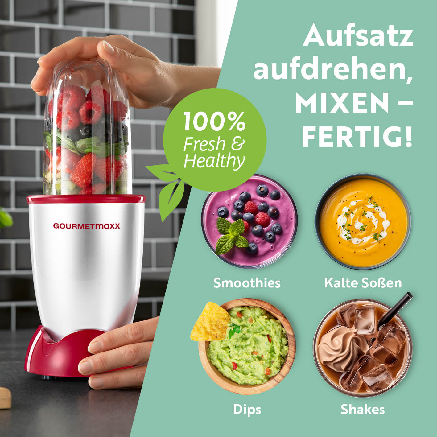 Mr. Magic Power 400 Pro Basis-Set M Silber/Rot kompakter Standmixer mit Edelstahl-Kreuzklingenaufsatz für Smoothies, Shakes, Dips und Soßen.
