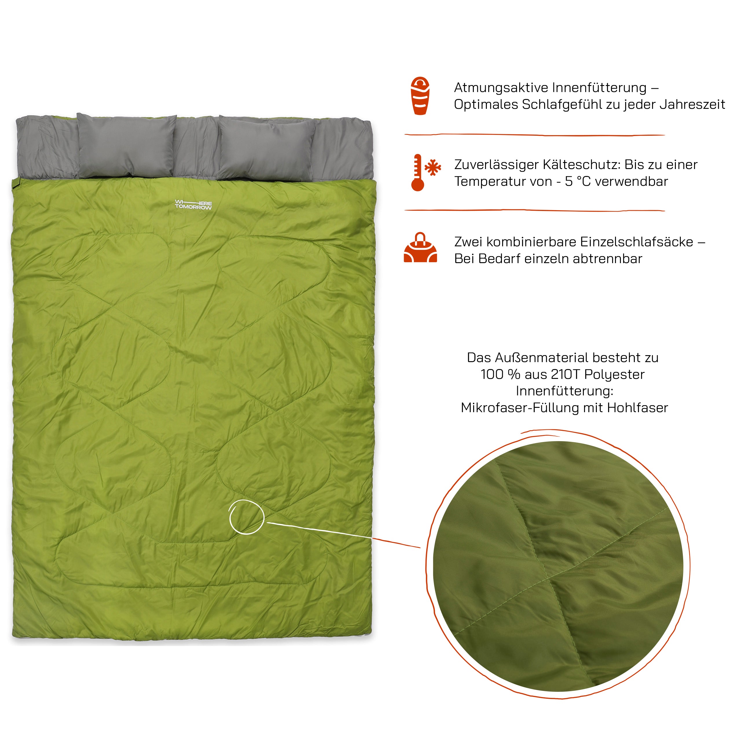 Doppelschlafsack mit Tragetasche - 2-Personen Schlafsack 190x150 cm dunkelgrün, wasserabweisend, atmungsaktiv, bis -5 °C geeignet, mit Kissenfach.