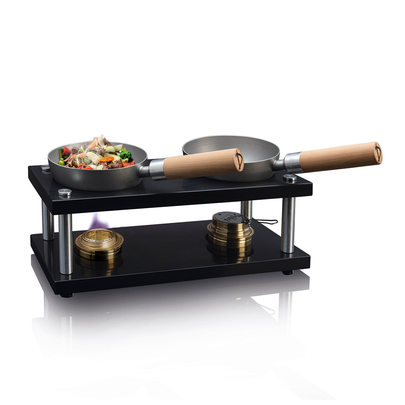 Tisch-Kochset für bis zu 4 Personen - Edelstahl/schwarz mit Pfannen, Holzgriff und Brenner zum kochen, dämpfen und braten.