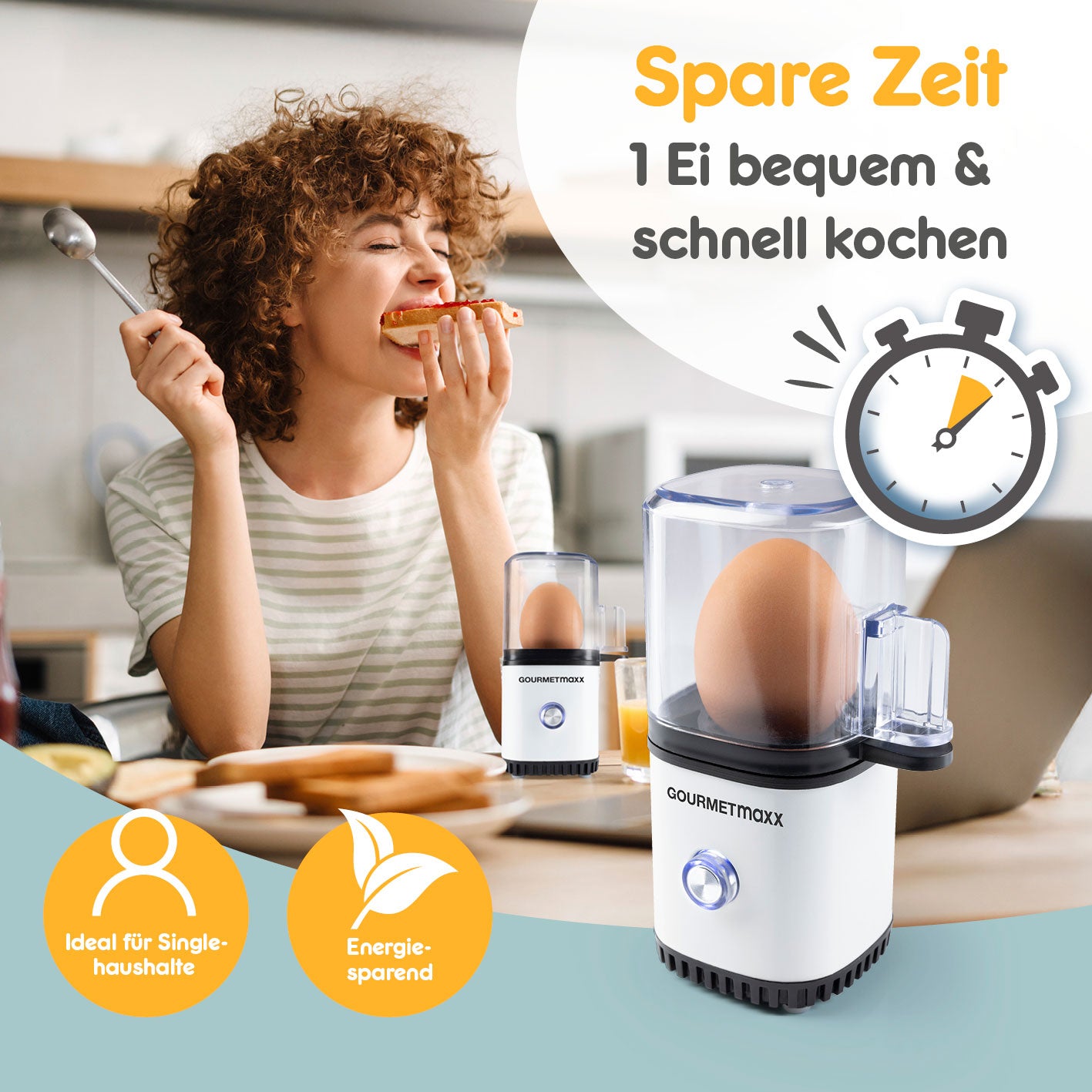 Design-Eierkocher 1 Ei - Weiß kompakt für schnelles und einfaches Eierkochen ohne Herd, ideal für kleine Haushalte und unterwegs.