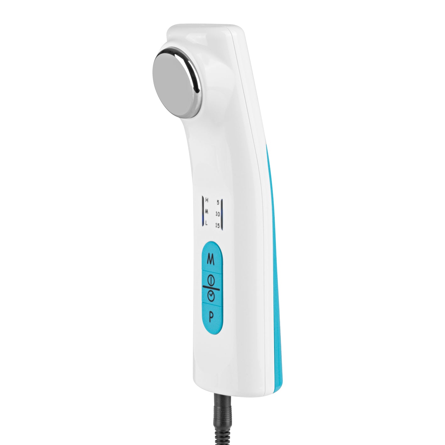 Schmerztherapie-Gerät Ultraschall zur Mikromassage und Behandlung von Schmerzen mit zwei Ultraschall-Modi, weiß und blau.