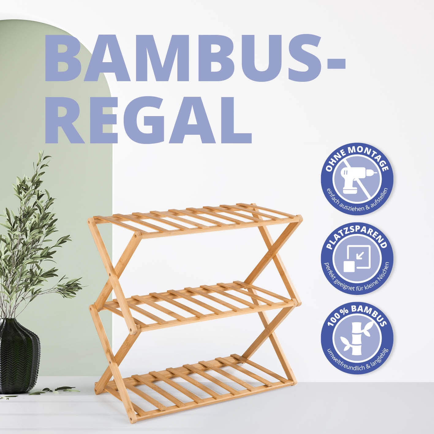 Bambusregal mit 3 Etagen, faltbar, platzsparend, aus 100% Bambus, ideal für Schuhe, Badutensilien oder Pflanzen.