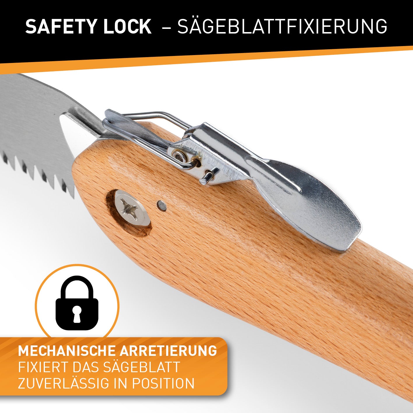 Klappbare Handsäge aus Karbonstahl - 21 cm mit Safety Lock für sichere mechanische Arretierung des Sägeblatts beim Schneiden.