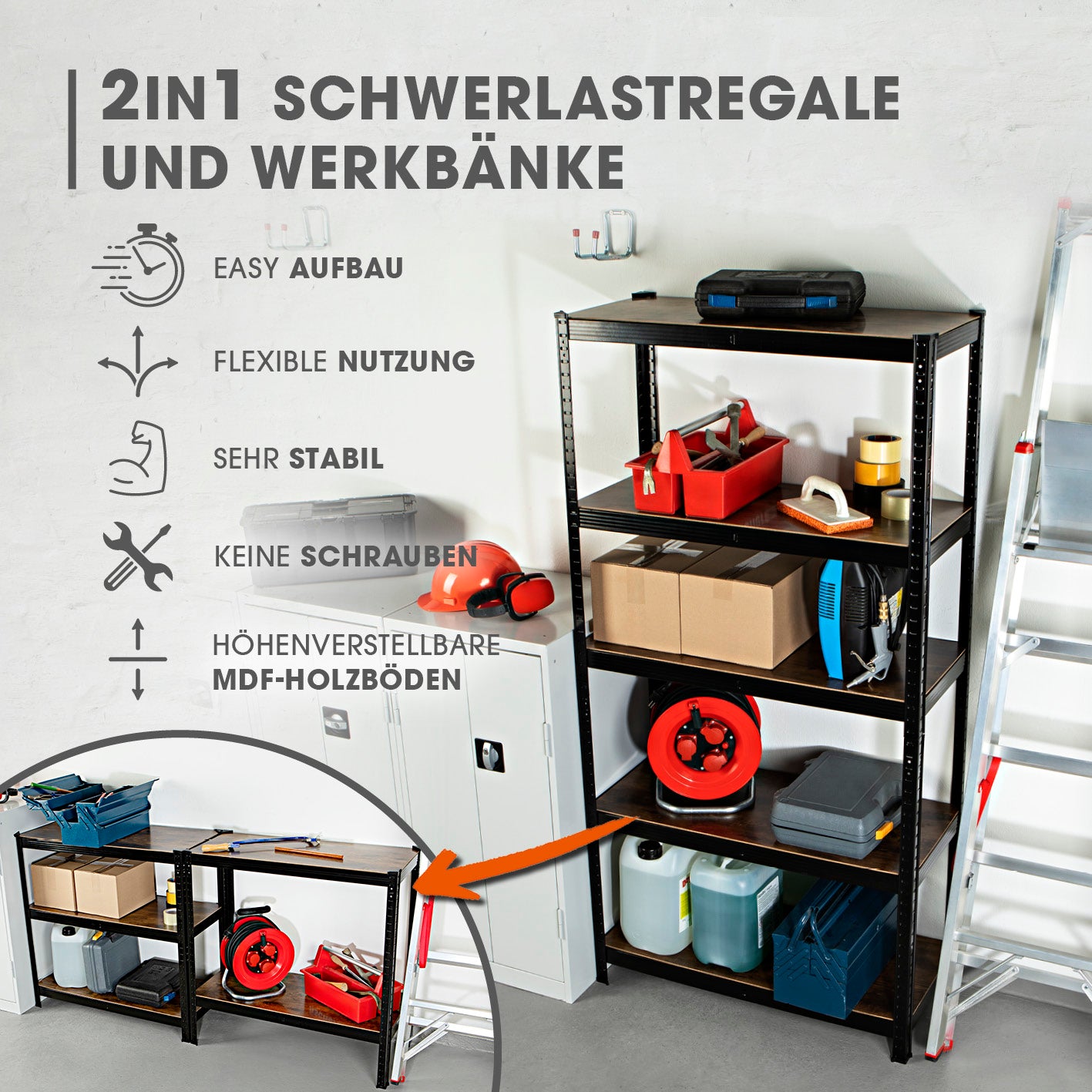 2 in 1 Schwerlastregal & Werkbank - 2er-Set - 180 x 90 x 40 cm - Holzoptik mit flexiblem Aufbau und hoher Belastbarkeit in schwarzer Metalloptik.