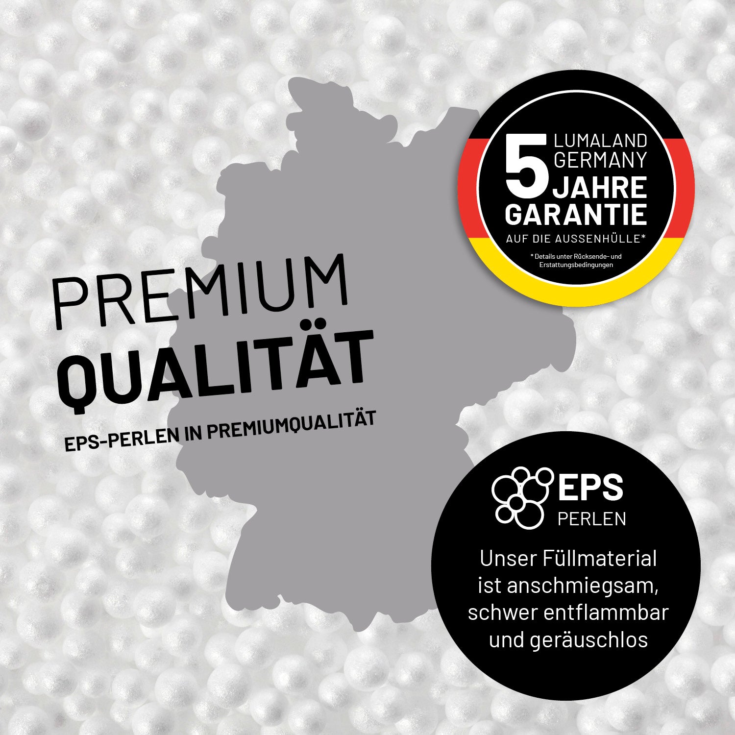 Premium Lounge-Sessel - 380 L - 100 x 100 x 80 cm - Grau mit hochwertigen EPS-Perlen, schwer entflammbar, geräuschlos und 5 Jahre Garantie.