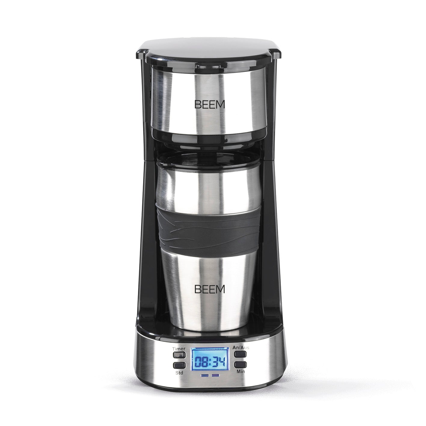 Single-Kaffeemaschine Thermo2Go - 750 Watt - Edelstahl/schwarz mit LC-Display, 24-Stunden-Timer und Thermobecher zum Mitnehmen.