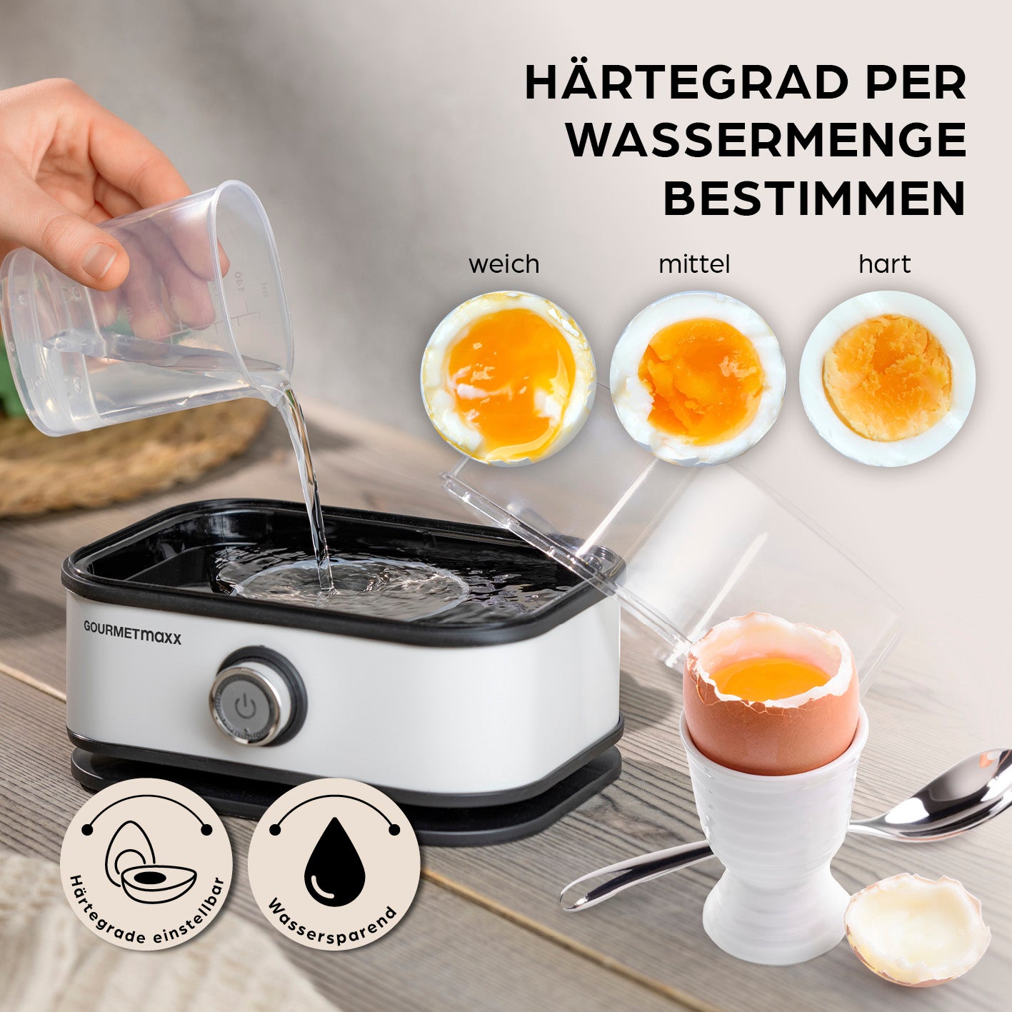 Design-Eierkocher 6 Eier - Weiß mit Wassermessbecher für weiche, mittlere und harte Eier durch genaue Wassermenge einstellen.