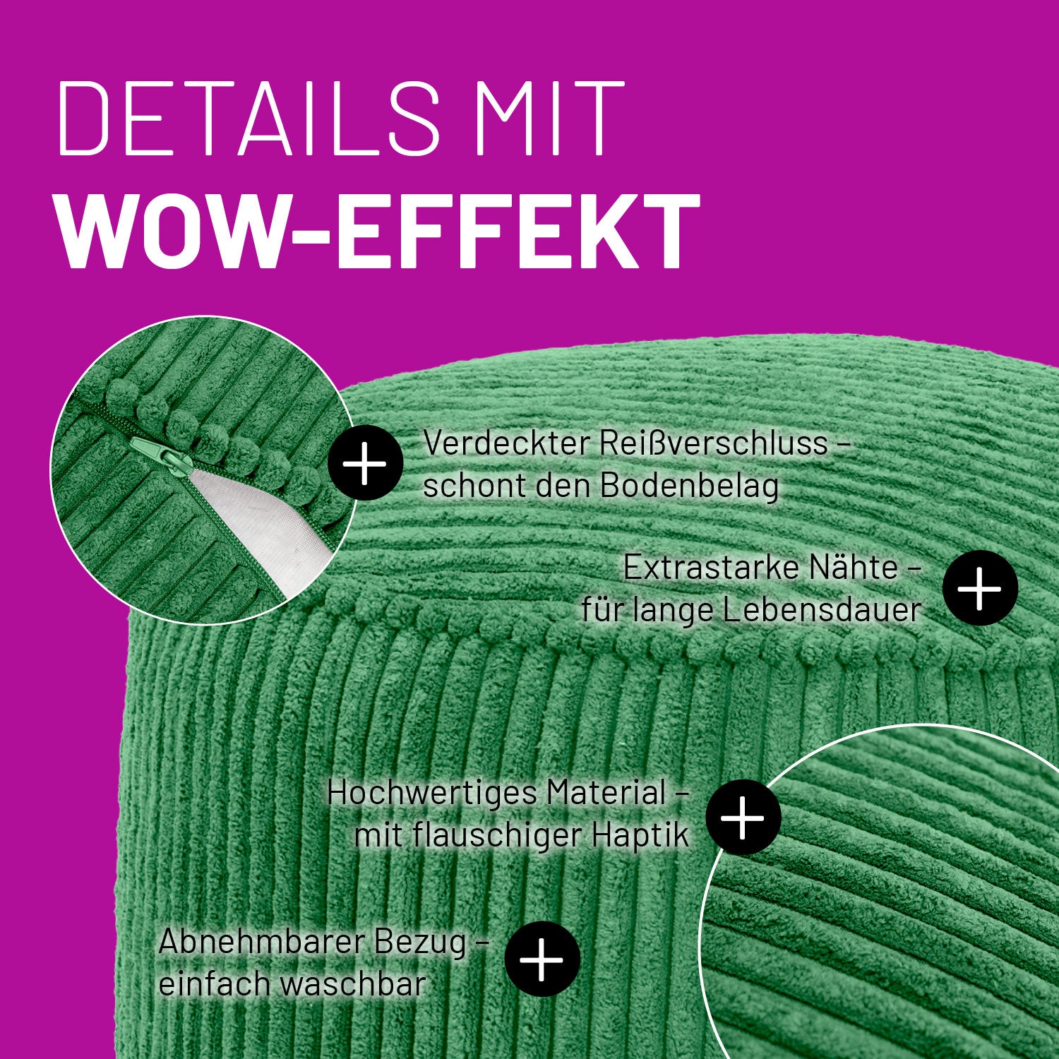 Sitzsack Pouf aus der Cord-Reihe - Dunkelgrün mit verdecktem Reißverschluss, robusten Nähten und waschbarem, flauschigem Cordbezug.