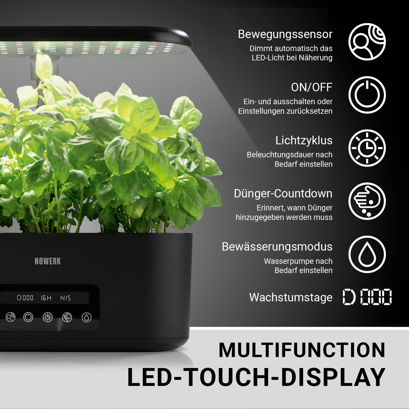 Hydroponische Pflanzenanzuchtstation mit Display, LED-Touch-Display, automatische Bewässerung und Dünger-Countdown für Indoor Garten.