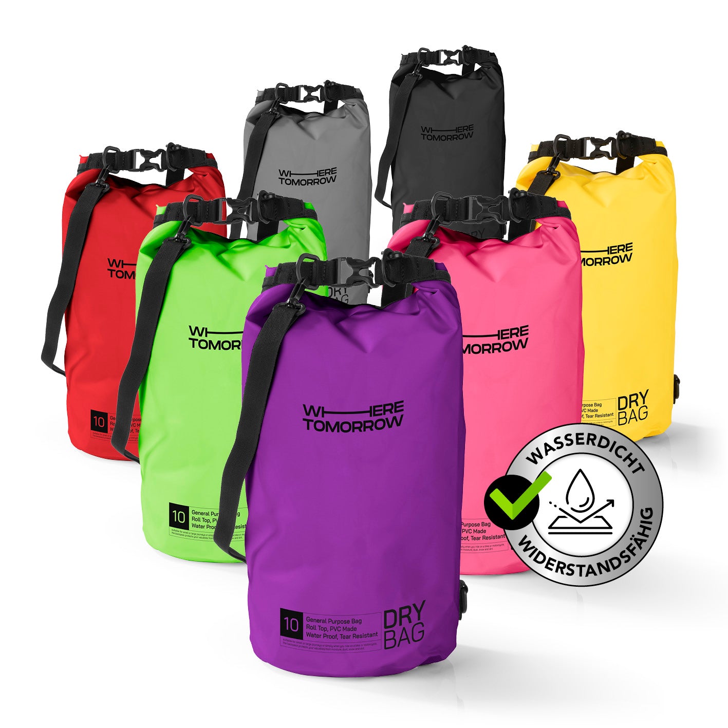 Dry Bag 10L - Style 01 - Lila, wasserdichter, robuster Outdoor-Rucksack mit UV-Schutz und verstellbarem Schultergurt.