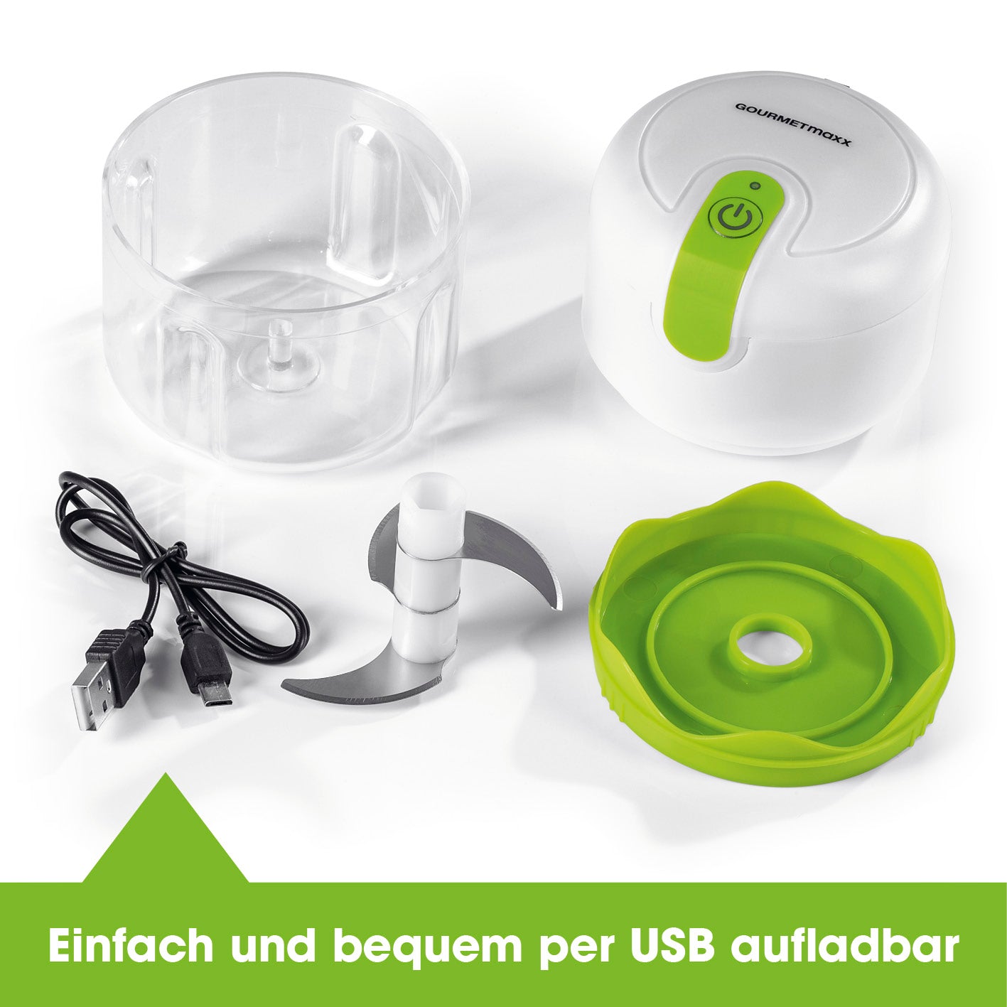 Multi-Zerkleinerer inkl. USB-Kabel 250 ml, weiß/limegreen, kompakter Akku-Zerkleinerer mit Edelstahlklingen und spülmaschinengeeignetem Mixbehälter.