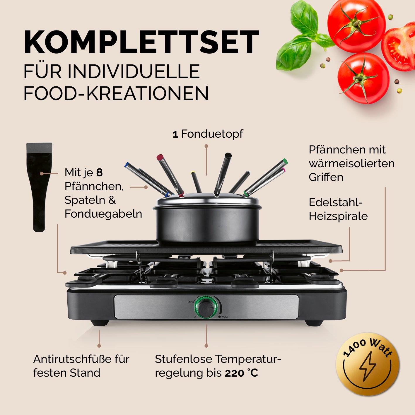 Raclette- und Fondue-Set - 8 Personen mit Fonduetopf, 8 Pfännchen, stufenloser Temperaturregelung und Antirutschfüßen für vielseitigen Genuss.