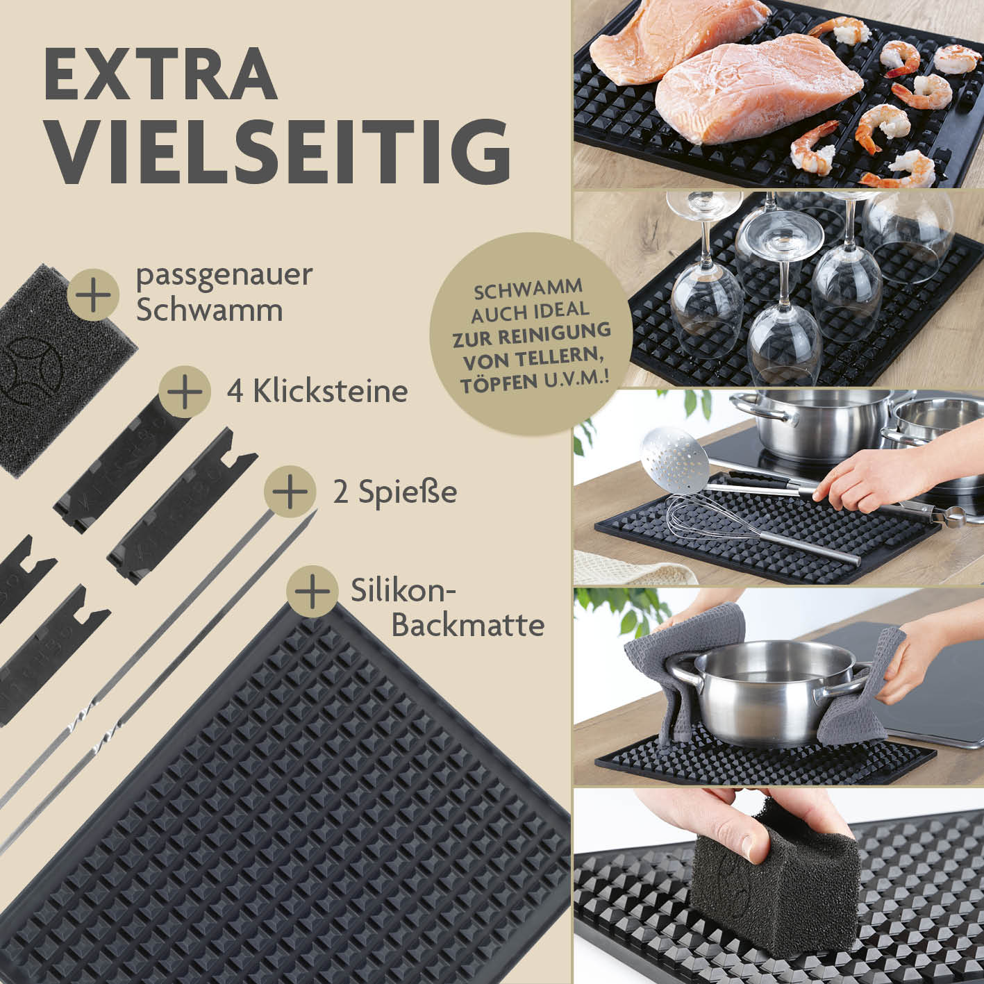 Starter Set Silikon-Backmatte mit 2 Spießen, 4 Steinen und Schwamm für vielseitiges Backen, Reinigen und Garen im Haushalt.