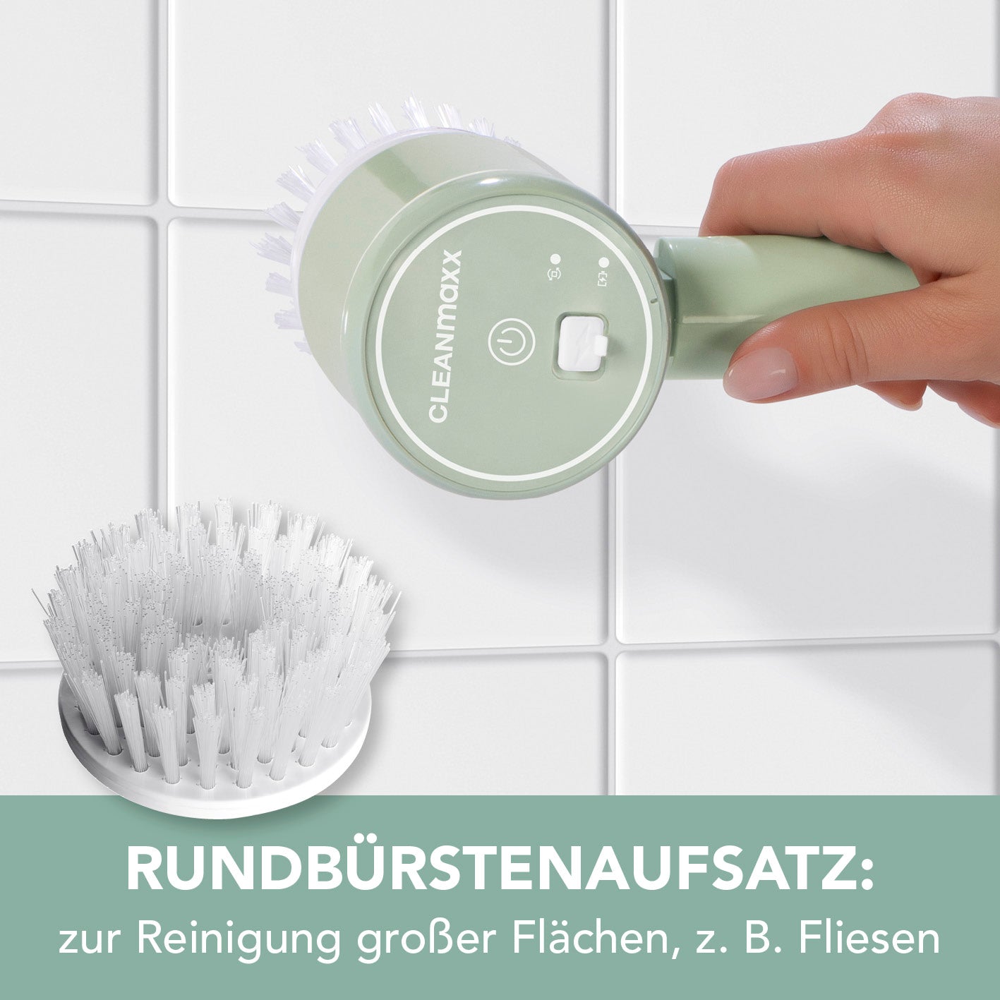 Akku-Reinigungsbürste - 2 Geschwindigkeitsstufen mit rundem Aufsatz zur effizienten Reinigung von Fliesen und großen Flächen.