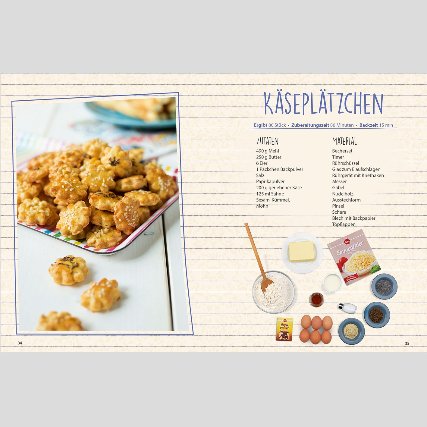 Rezeptbuch inkl. Messbecher-Set - Band 4 - Kleine Gerichte ganz groß! zeigt Käseplätzchen mit Zutaten und Zubereitungsschritten.
