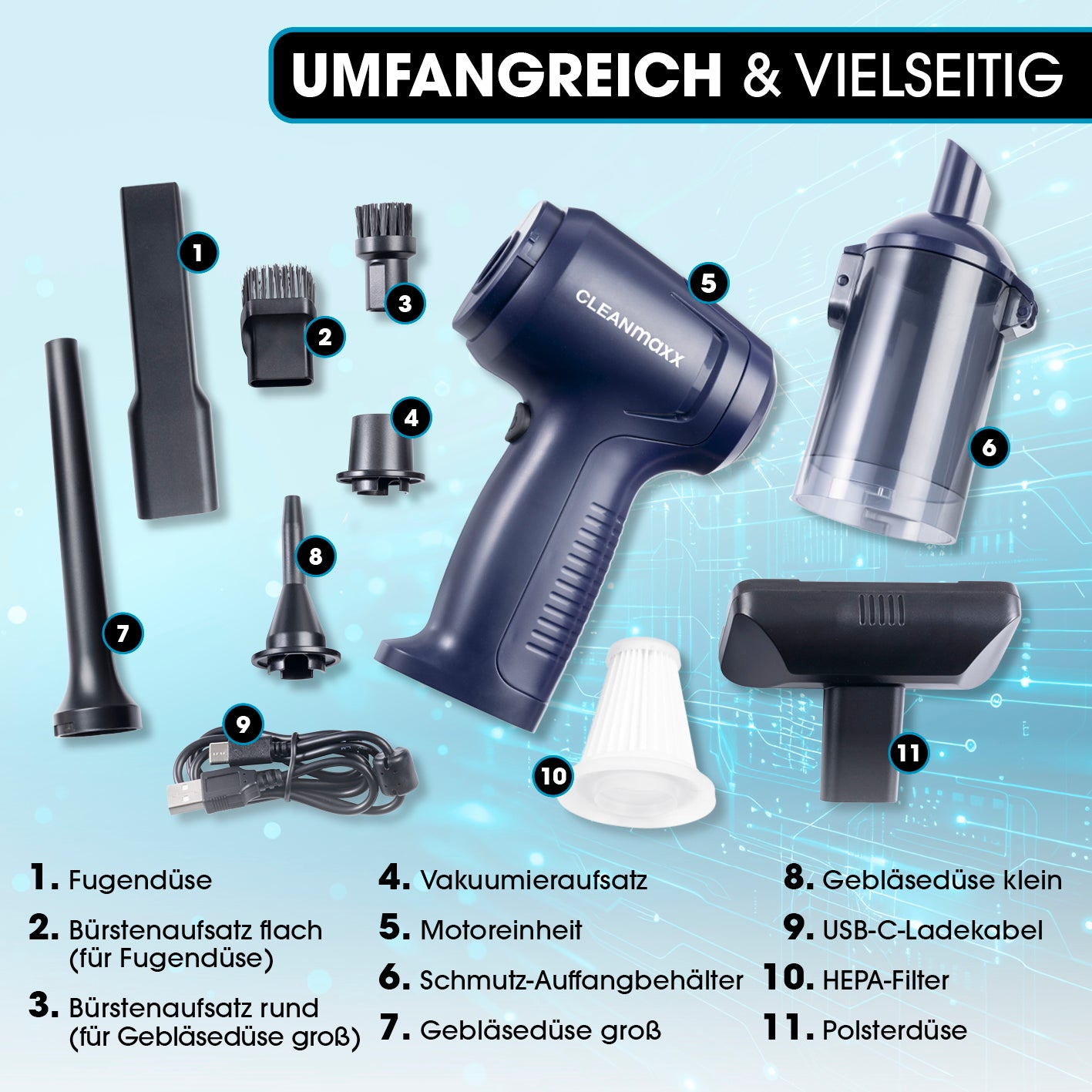 2in1-Akkusauger mit Saug- & Gebläsefunktion mit vielseitigem Zubehör für gründliche Reinigung und kabellosen Komfort in Haushalt und Auto