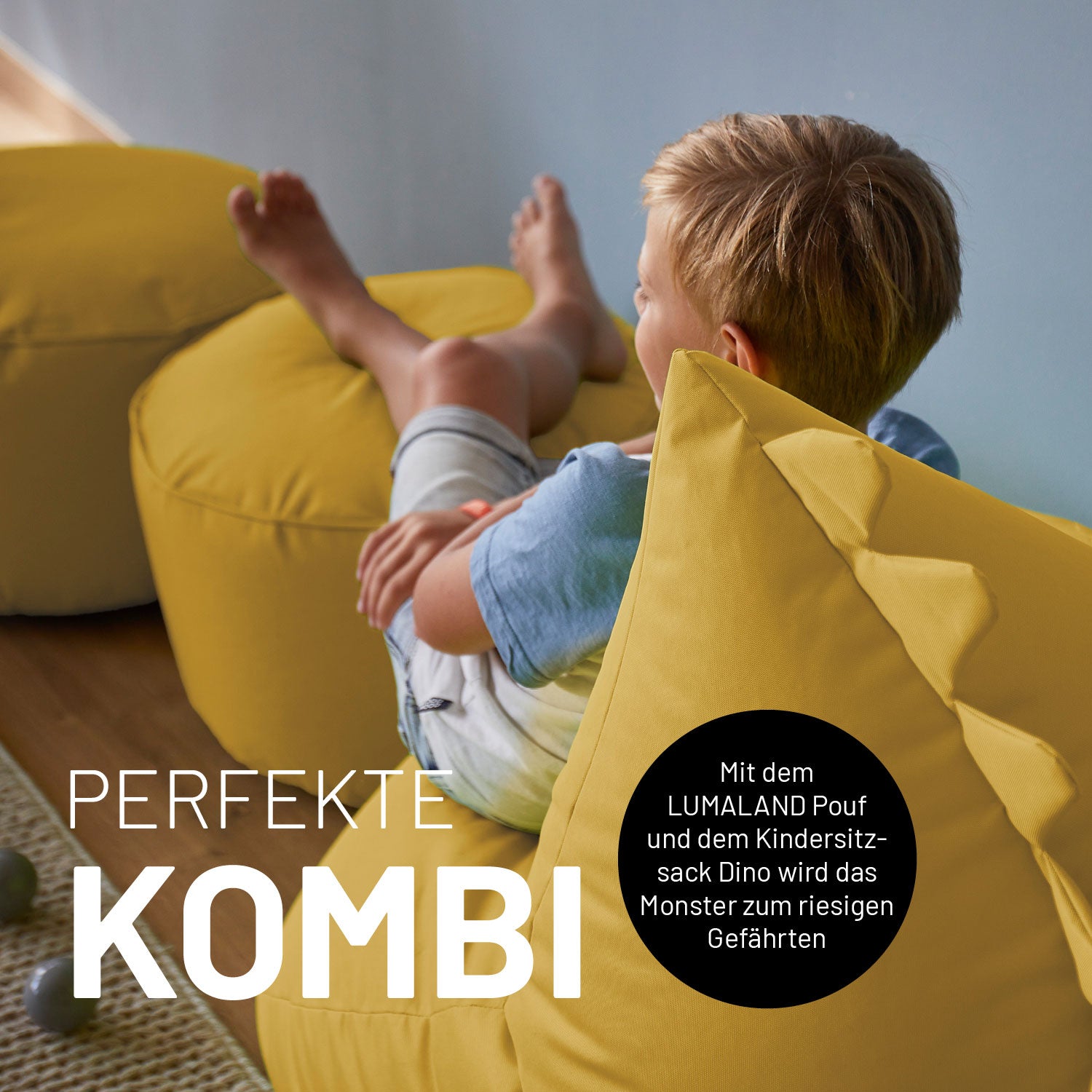 Kindersitzsack Animal Line Monster (180 L) in Senfgelb, wasserabweisend, kuschelig und ideal für drinnen und draußen.