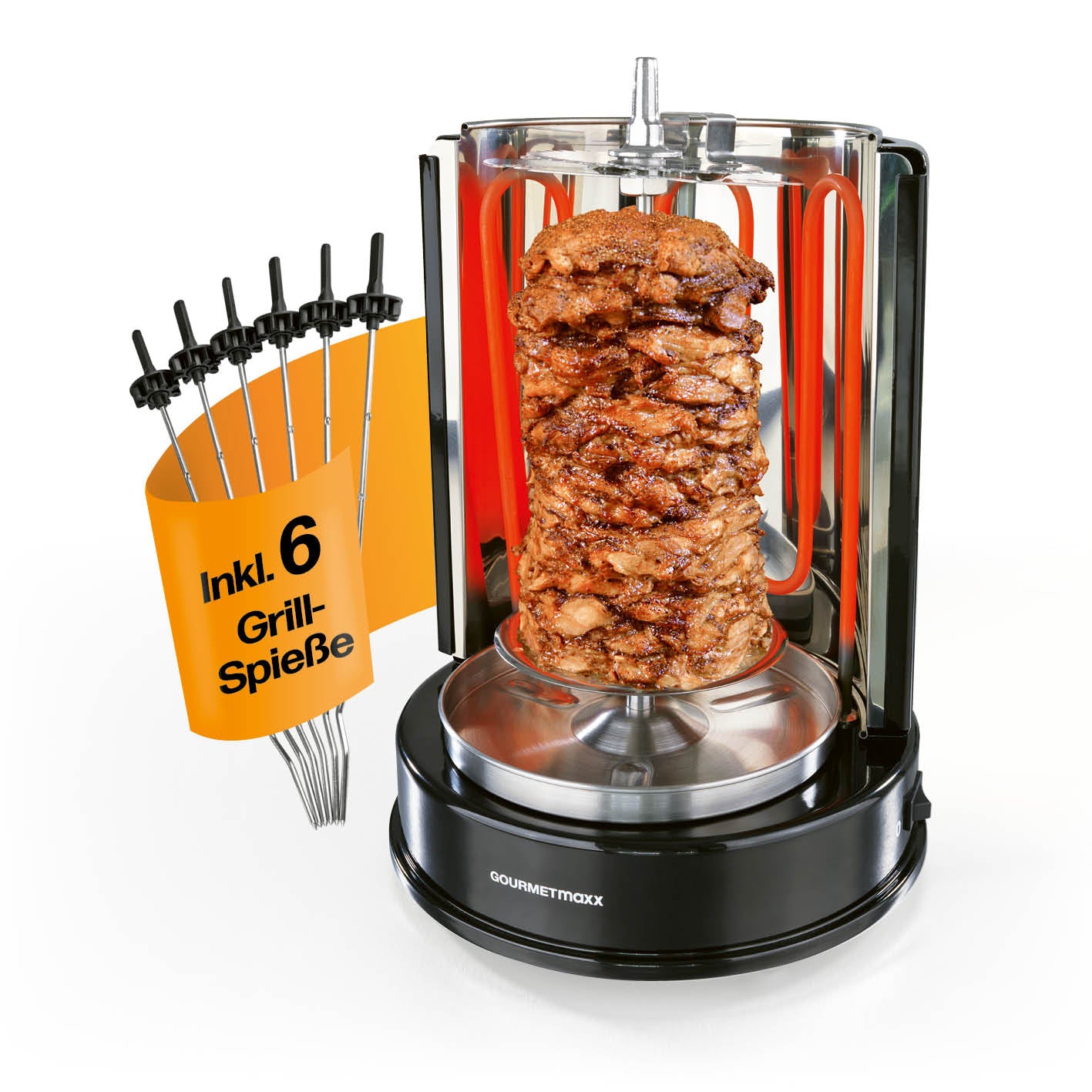 Dönergrill mit 360° Rotation, großem Spieß für Döner & 6 Grillspießen, Edelstahl für zuhause von GOURMETmaxx.