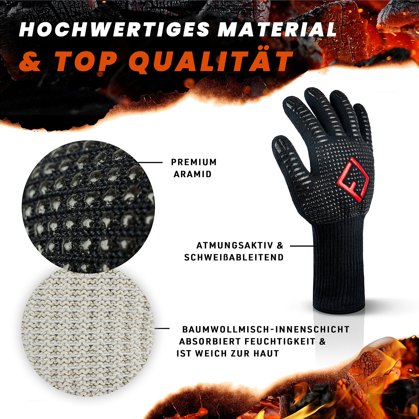 Grillhandschuhe - Größe L aus hitzebeständigem Aramid mit Baumwoll-Innenschicht und rutschfester Silikonbeschichtung für sicheren Grillkontakt.