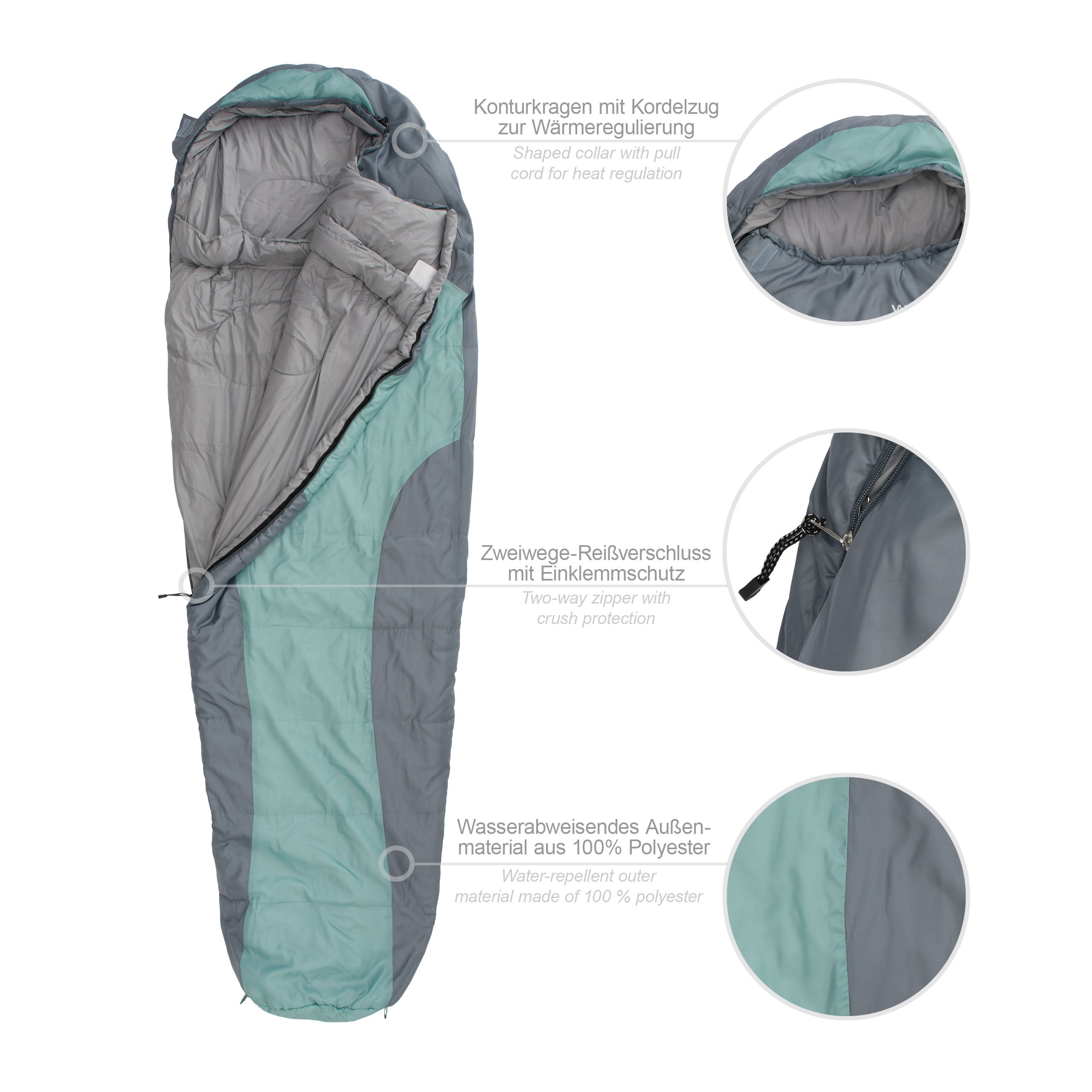 Camping Schlafsack Classic - Mumienschlafsack hellblau mit wasserabweisendem Material, Kordelzug und Zweiwege-Reißverschluss.