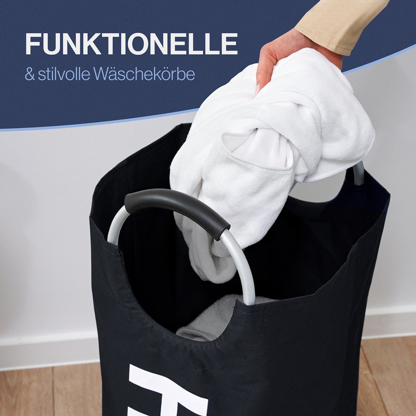 Faltbarer Wäschekorb - Schwarz - 82 Liter, großer, stabiler Wäschekorb aus wasserabweisendem Polyester mit Tragegriffen und Faltfunktion.