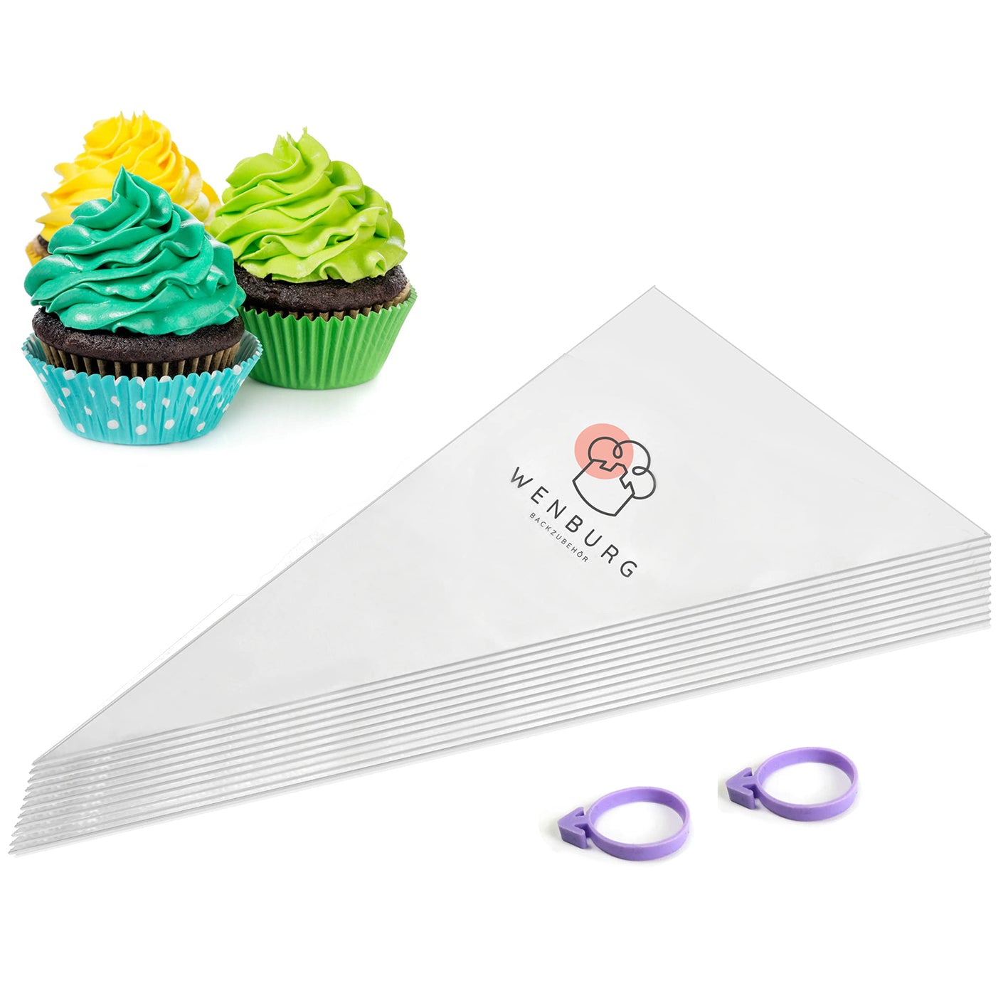 Einwegspritzbeutel-Set - 100 Stck., 30 cm, inkl. Beutelbänder, ideal zum Verzieren von Cupcakes, kompatibel mit Wenburg Spritztüllen-Sets.