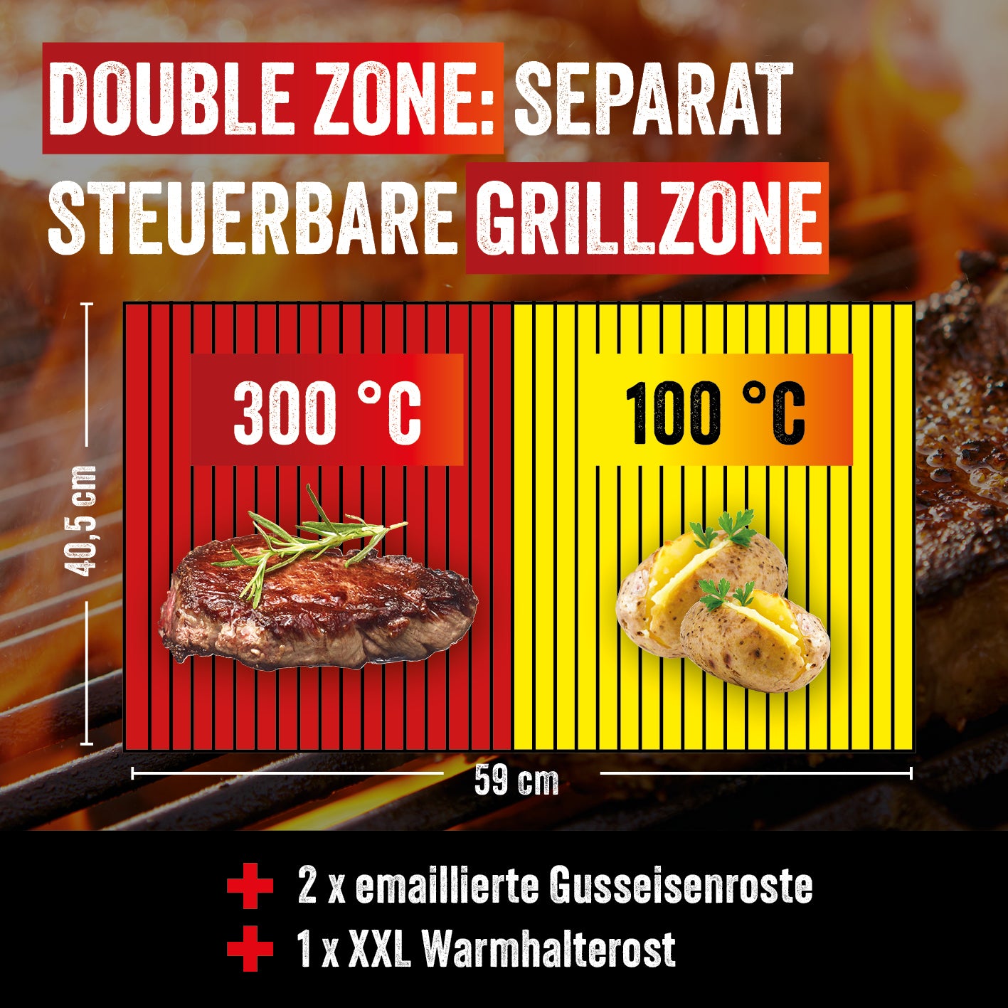 VOLTRIS Elektro-Grillwagen - Schwarz mit 2 separat steuerbaren Grillzonen, emaillierten Gusseisenrosten und XXL Warmhalterost, 59 x 40,5 cm.
