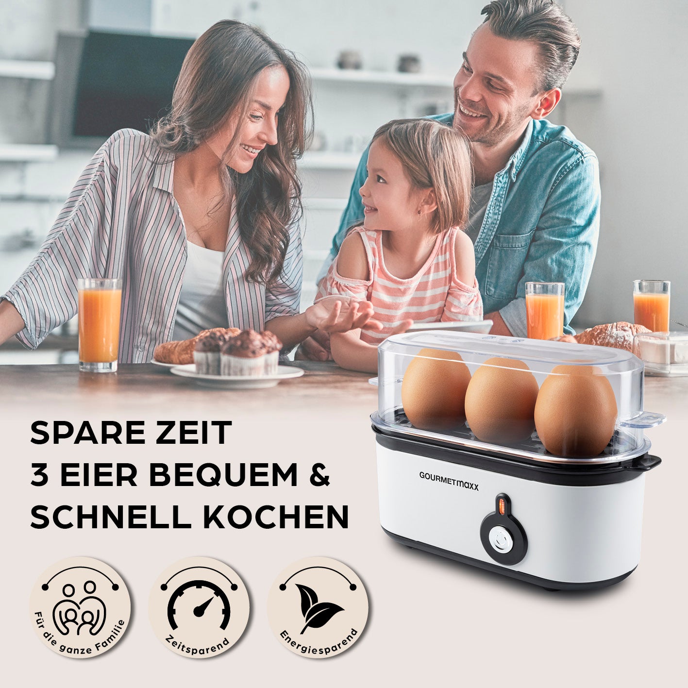 Design-Eierkocher 3 Eier - Weiß, kompakt für 3 Eier, zeitsparend, energiesparend, ideal für Familie und kleine Küchen.