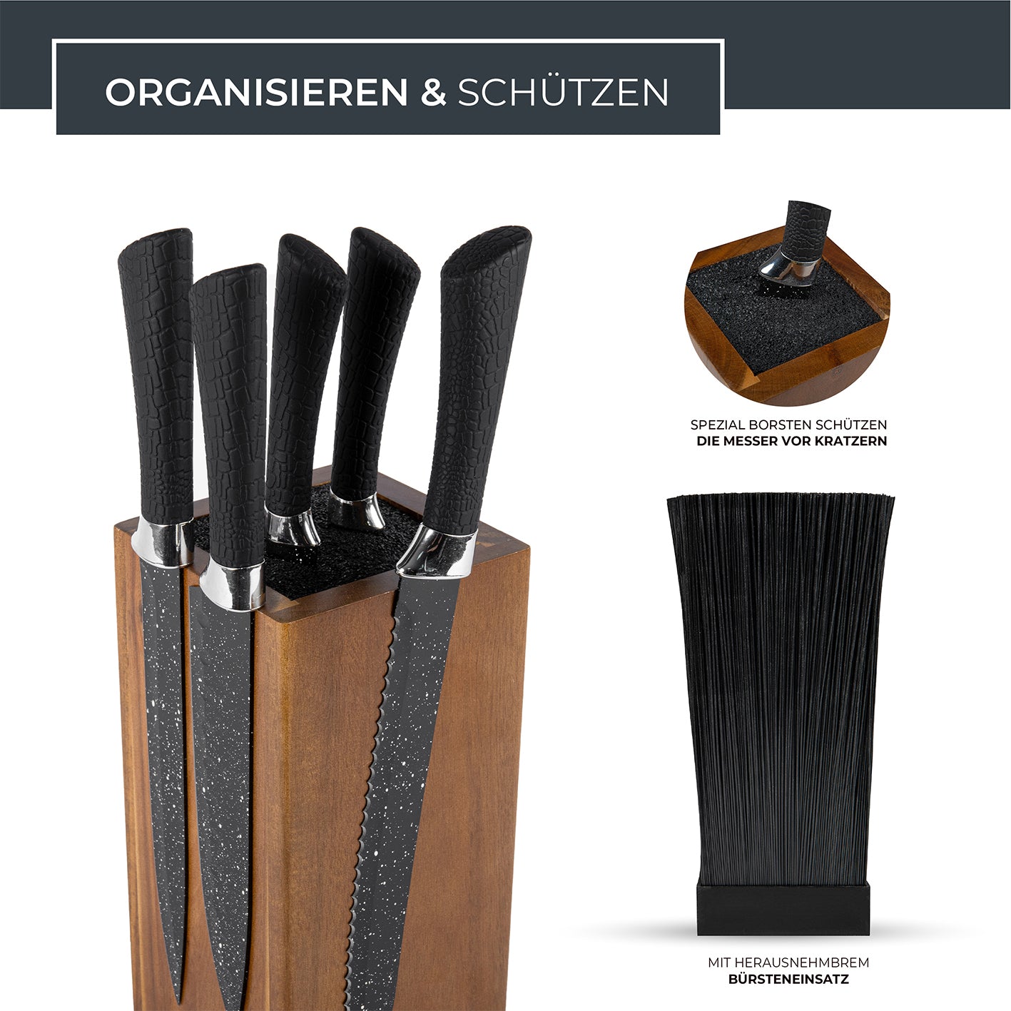 360°-Messerblock - Akazie - für max. 20 Messer mit Borsteneinsatz und magnetischer Außenseite aus robustem Akazienholz.