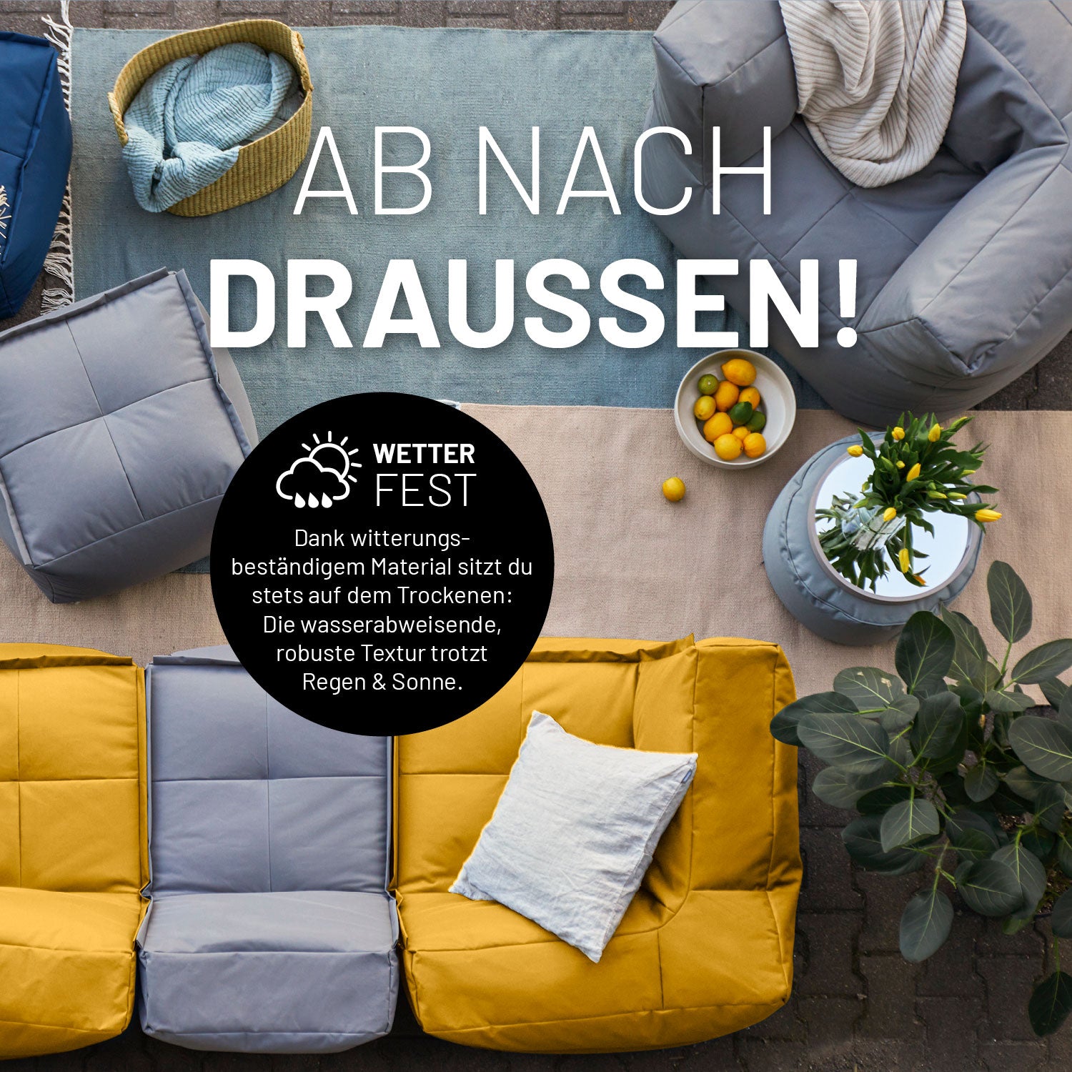 Sitzsack-Sofa Mittelstück (200 L) - Modulares System - indoor & outdoor - Senfgelb mit wetterfestem, robustem Material für Innen- und Außenbereiche.
