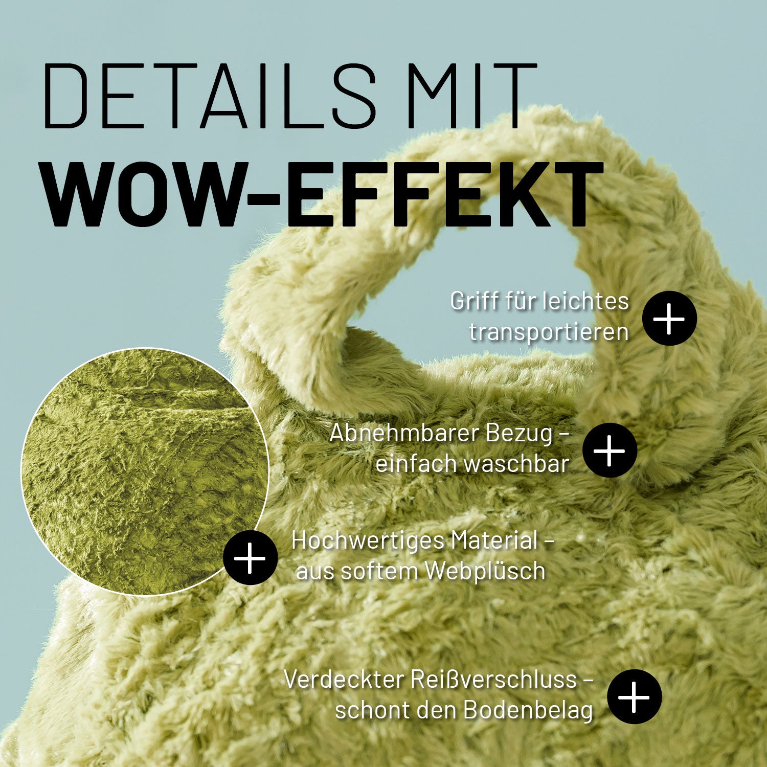 Luxury Fluffy Sitzsack (120 L) - indoor - Grün mit weichem Webplüsch, abnehmbarem Bezug und praktischem Griff für leichten Transport.