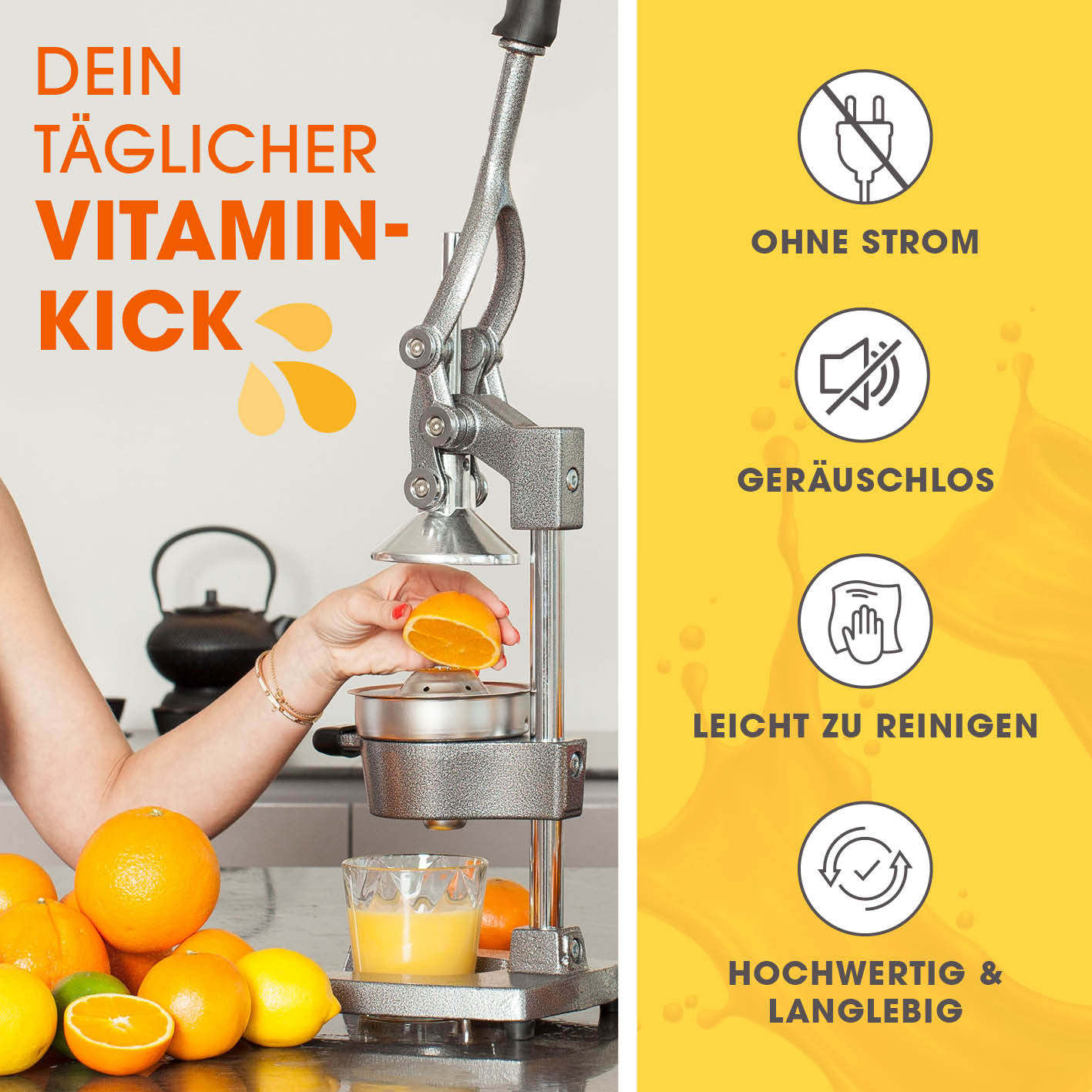 Manuelle Saftpresse + Orangenständer - Silber mit Hebelwirkung, geräuschlos, leicht zu reinigen, für frischen Orangensaft direkt ins Glas.