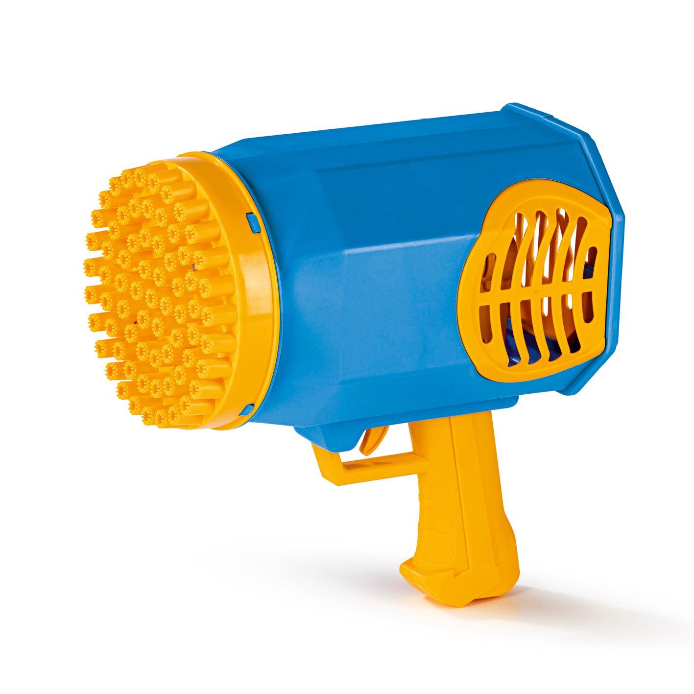 Bubble Maker / Seifenblasengerät in Blau und Gelb mit 69 Auslässen für viele bunte Seifenblasen, ideal für Partys und Kindergeburtstage.