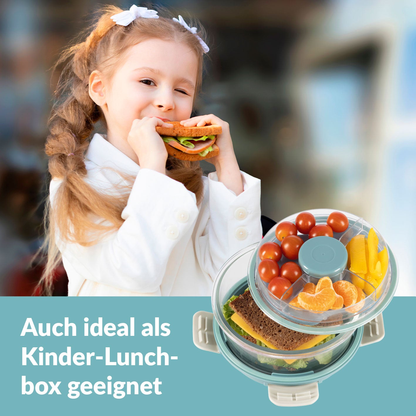 Glas-Lunchbox Klick-it mit integriertem Kühlakku 950 ml grau/grün, praktische Frischhaltedose ideal für Kinder-Lunchbox.