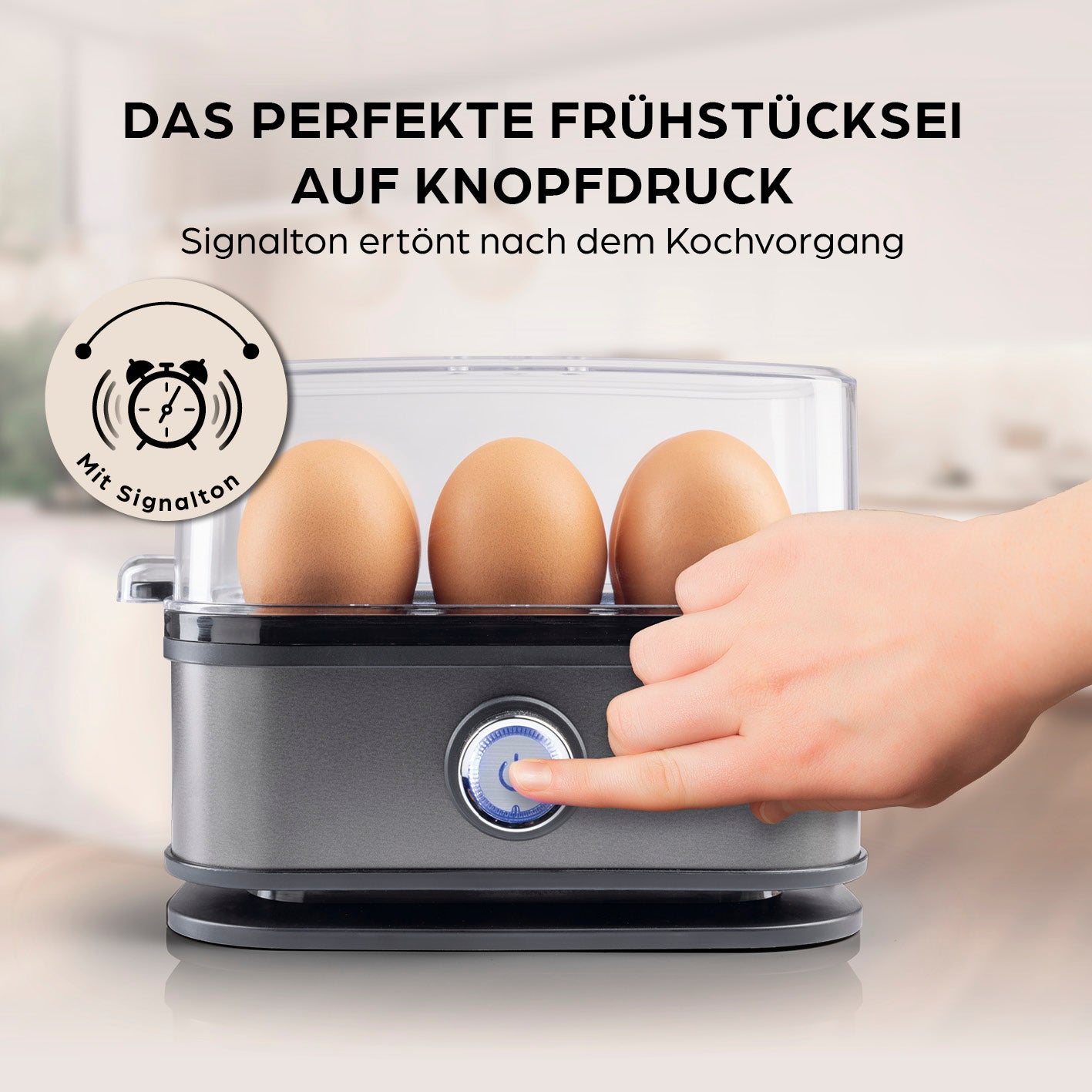 Design-Eierkocher 6 Eier - Anthrazit mit Signalton für perfekte Frühstückseier auf Knopfdruck und einfacher Bedienung.