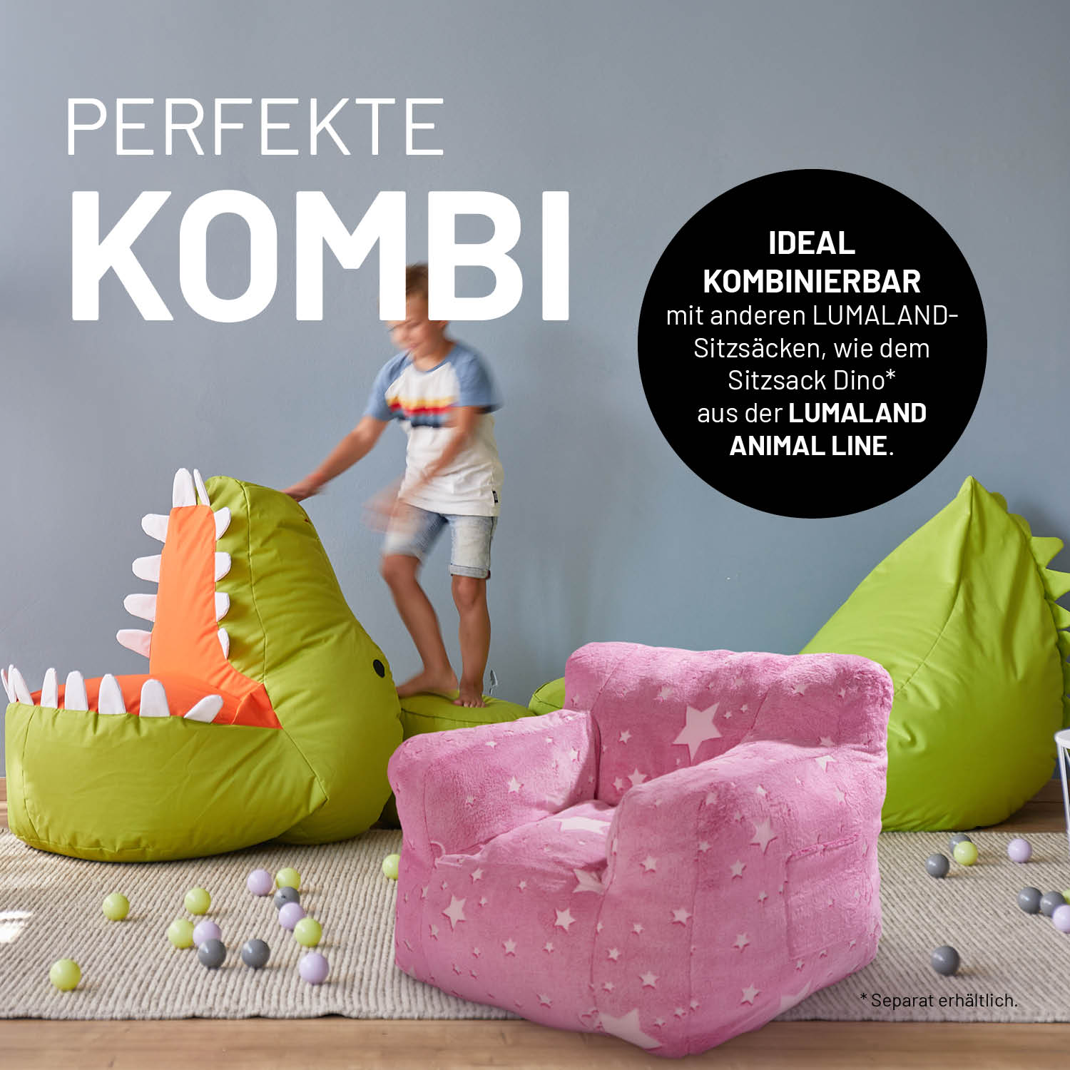 Sessel „Glow in the Dark“ - Pink mit leuchtendem Sternen-Design, weichem Material und praktischer Seitentasche für Kinderzimmer.