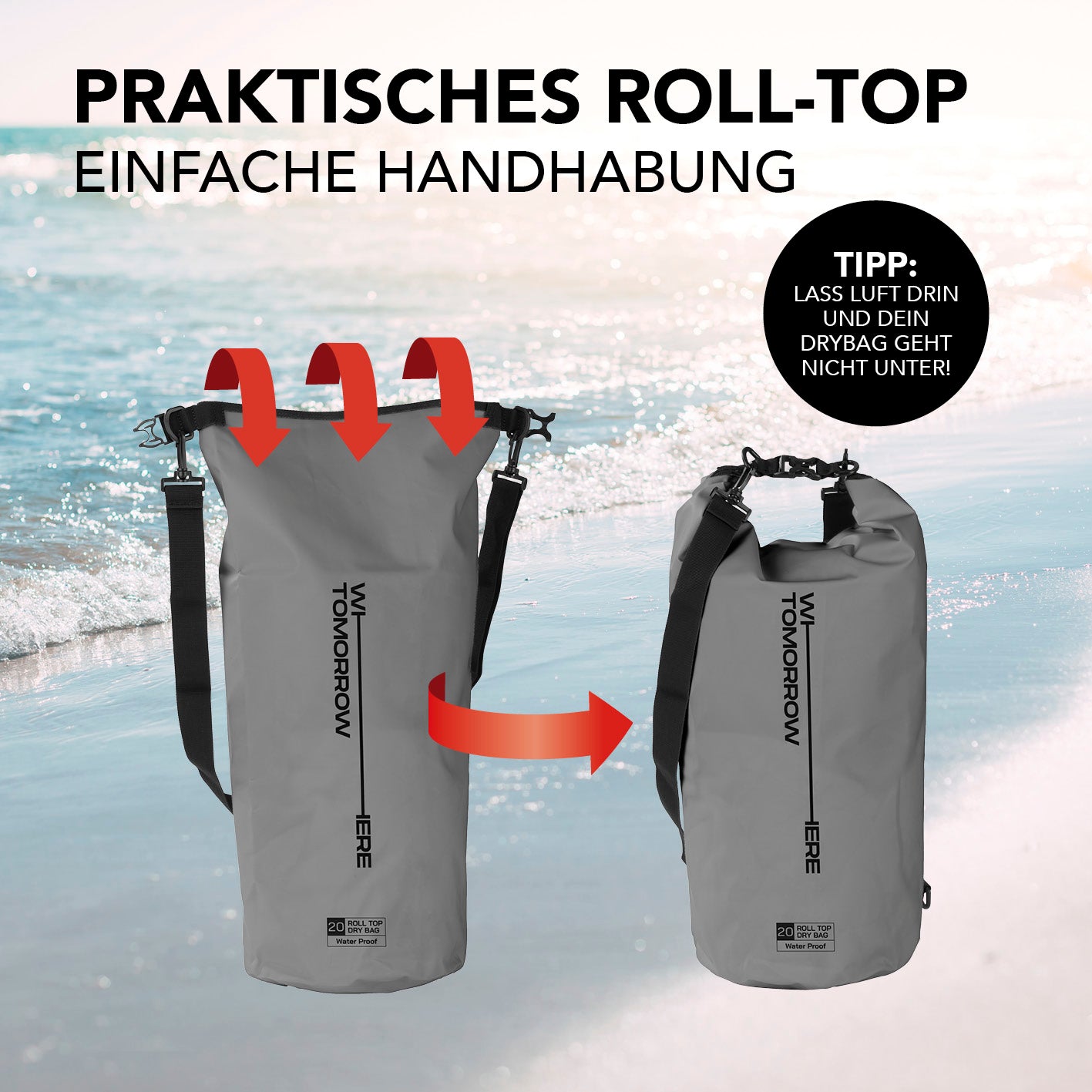 Dry Bag 20L - Style 02 - Grau mit praktischem wasserdichtem Rolltop-Verschluss und verstellbarem Schultergurt für Outdoor-Abenteuer.