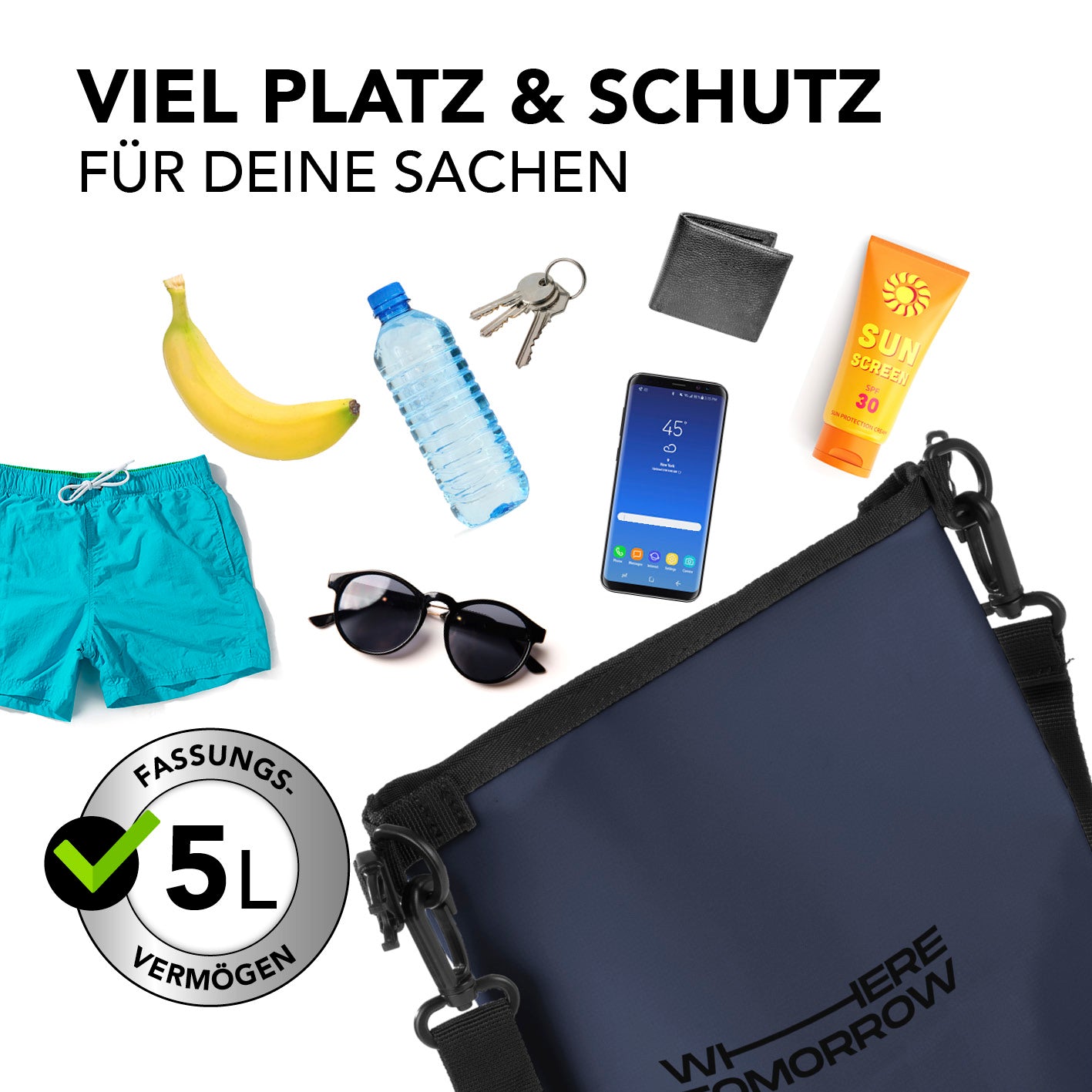Dry Bag 5L - Style 01 - Dunkelblau wasserdichter, robuster Rucksack mit 5L Fassungsvermögen für Outdoor-Abenteuer und sicheren Schutz.