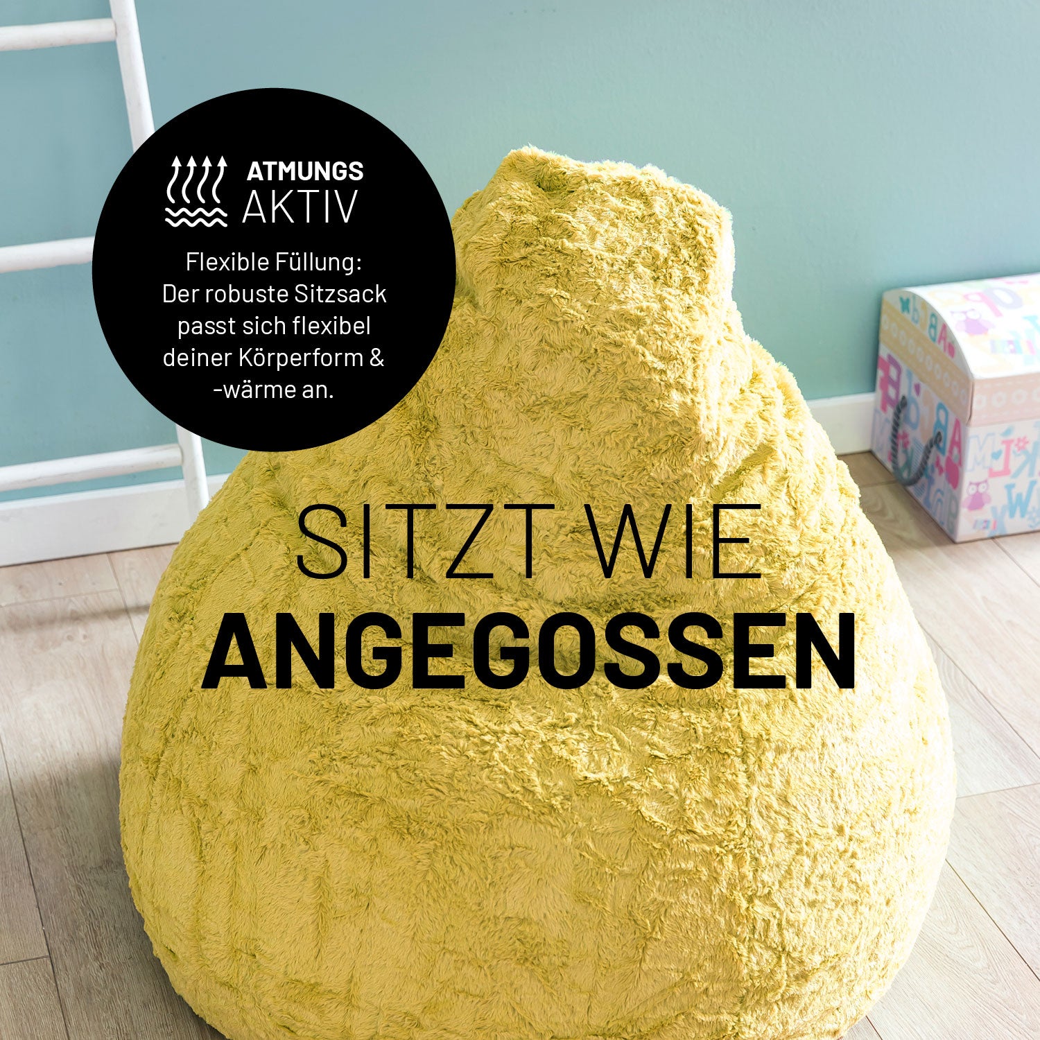 Luxury Fluffy Sitzsack (120 L) - indoor - Gelb aus weichem Webplüsch, ergonomisch und flexibel für perfekten Sitzkomfort.