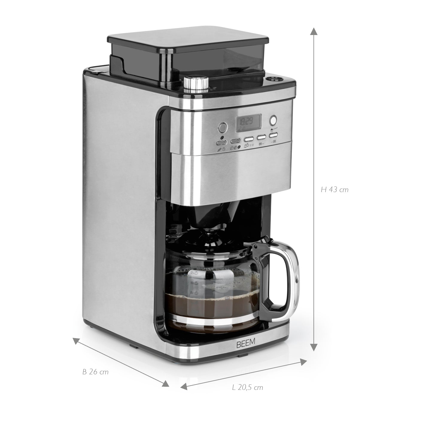 FRESH-AROMA-PERFECT SUPERIOR Filterkaffeemaschine mit Mahlwerk und Glaskanne für 12 Tassen, 28-stufige Mahlgradeinstellung, Timer und Warmhalteplatte.