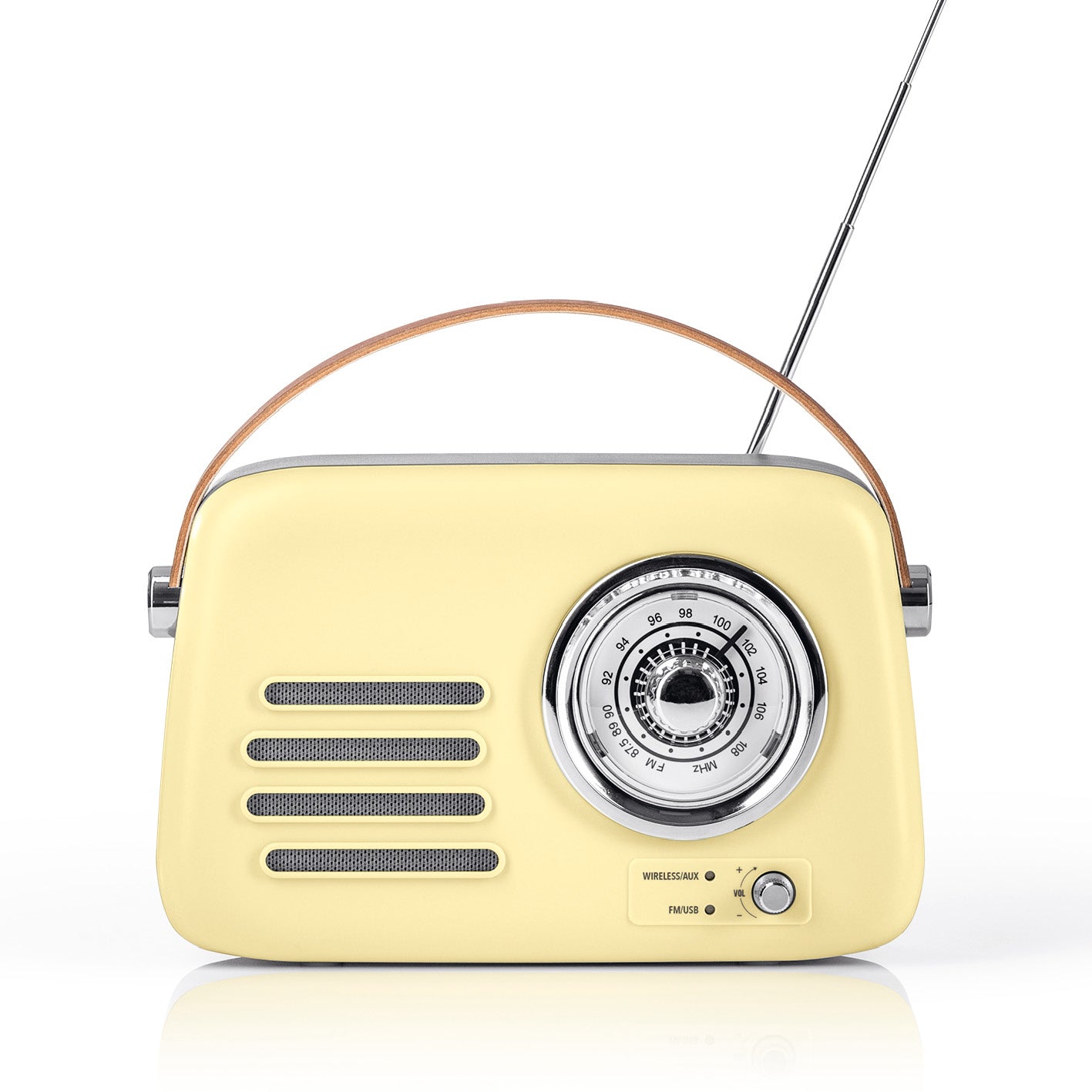 Radio Retro - Stil der 50er-Jahr - Vanille mit analoger Frequenzanzeige, Tragegriff, Teleskopantenne und kabelloser Verbindung.