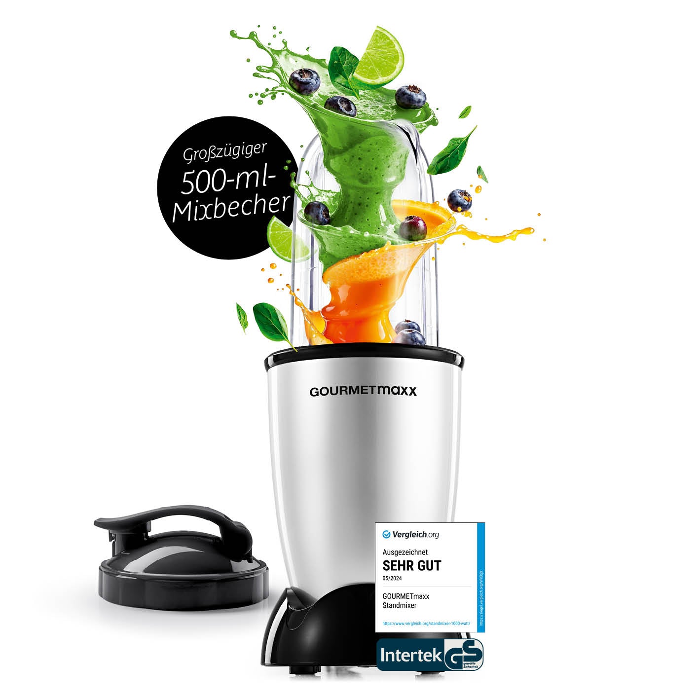 Mr. Magic Power 400 Pro Basis-Set M - Silber/Schwarz kompakter Standmixer mit 500-ml Mixbecher und Edelstahl-Kreuzklingenaufsatz.
