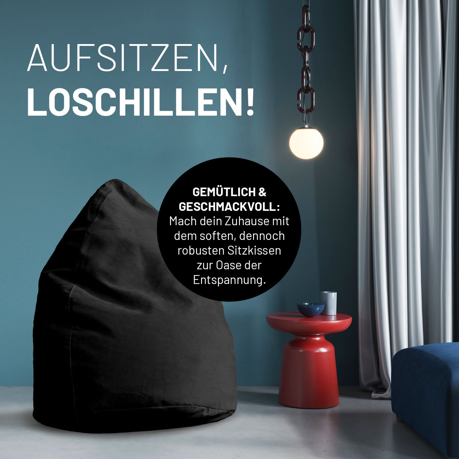 Luxury XL Sitzsack (120 L) - indoor - Schwarz im modernen Wohnraum als bequeme Sitz- und Entspannungsmöglichkeit von Lumaland.
