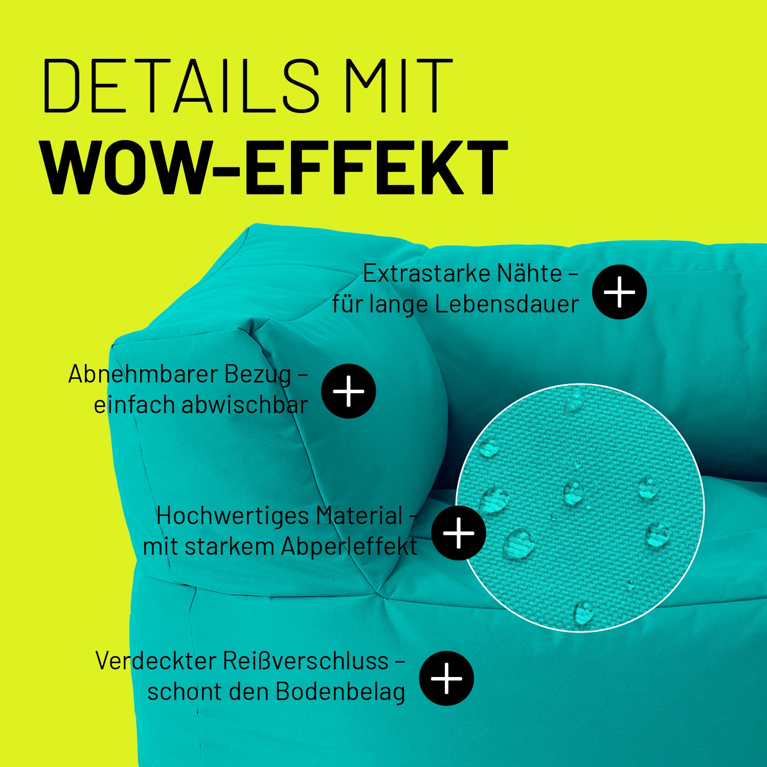 Sitzsack-Sofa Sessel (400 L) in Türkis, modular, abnehmbarer Bezug, extrastarke Nähte, wasserabweisend, verdeckter Reißverschluss, indoor & outdoor.